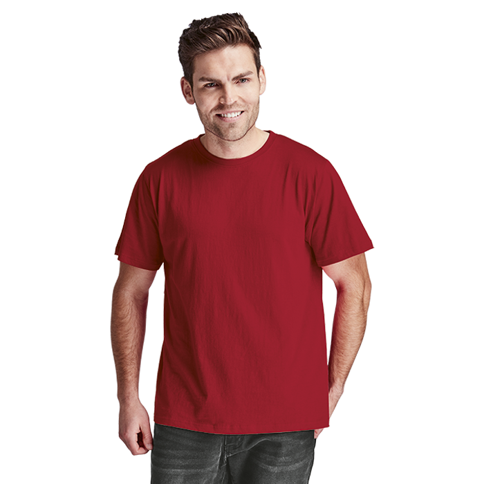 Red cotton T-shirt with crew neck and short sleeves worn by a model.