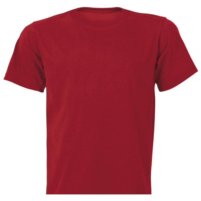 Red cotton T-shirt with crew neck and short sleeves.