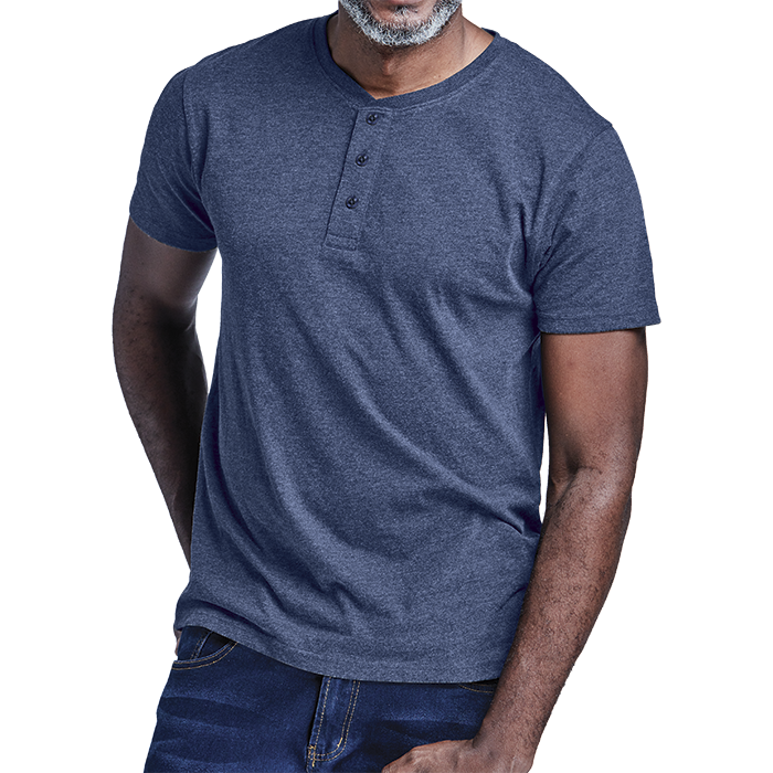 Men's navy heather henley short sleeve T-shirt with button placket