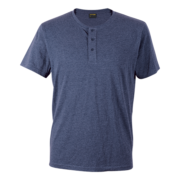 Men's heather blue henley short sleeve T-shirt with 3-button placket