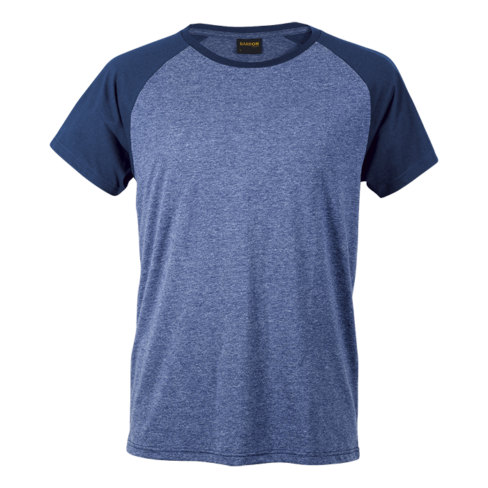 Barron raglan baseball T-shirt with heather blue body and navy raglan sleeves