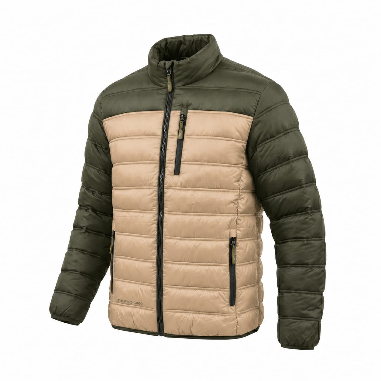 Two-tone puffer jacket: olive sleeves, beige front panel, full zip, stand collar
