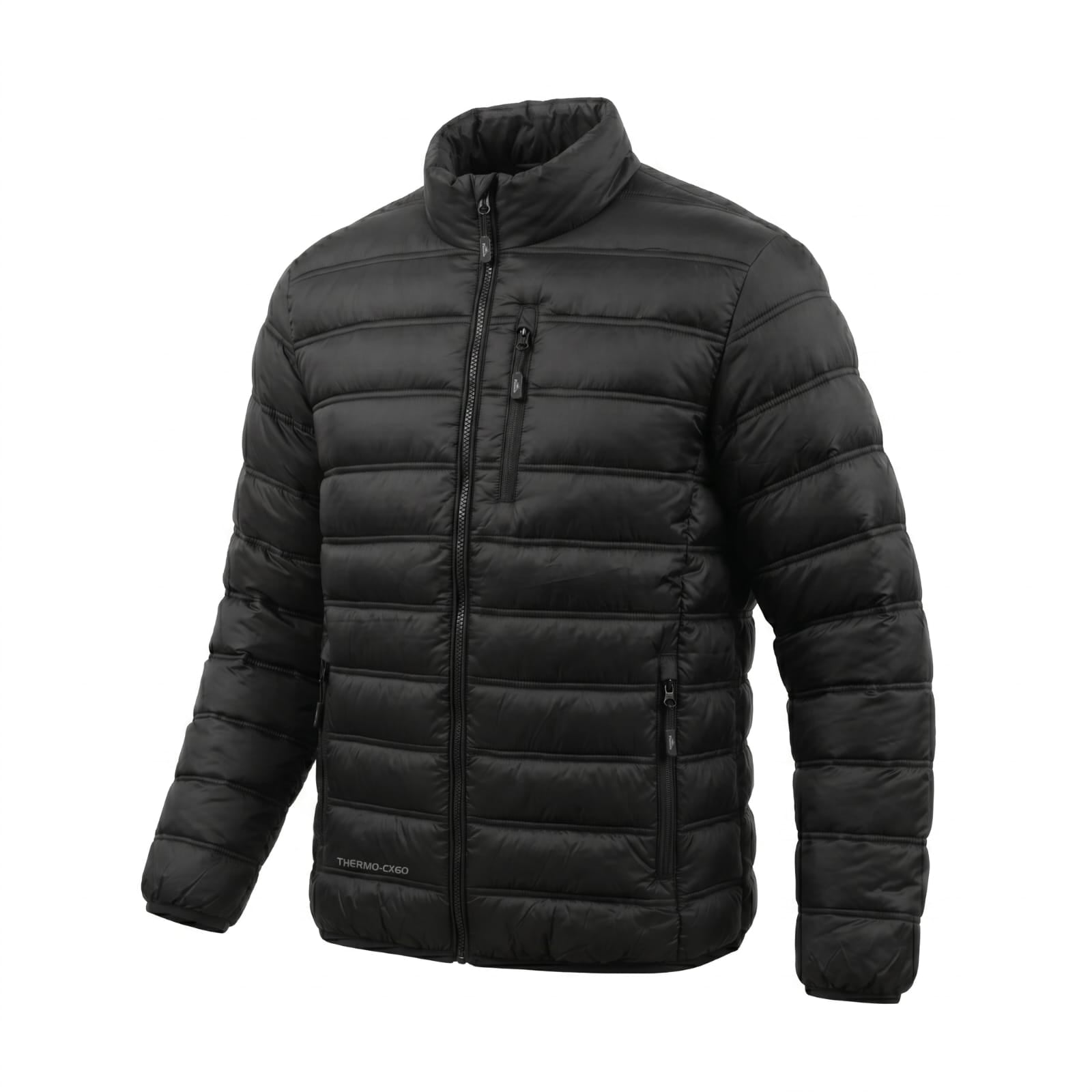 Black puffer jacket with full zipper, stand collar, quilted baffles, zip side pocket