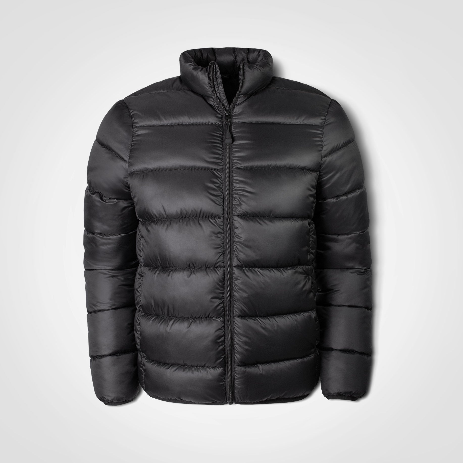 Black puffer jacket with full-zip front and stand collar