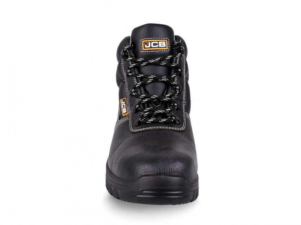 Black chukka safety boot, steel toe, lace-up ankle boot with JCB label