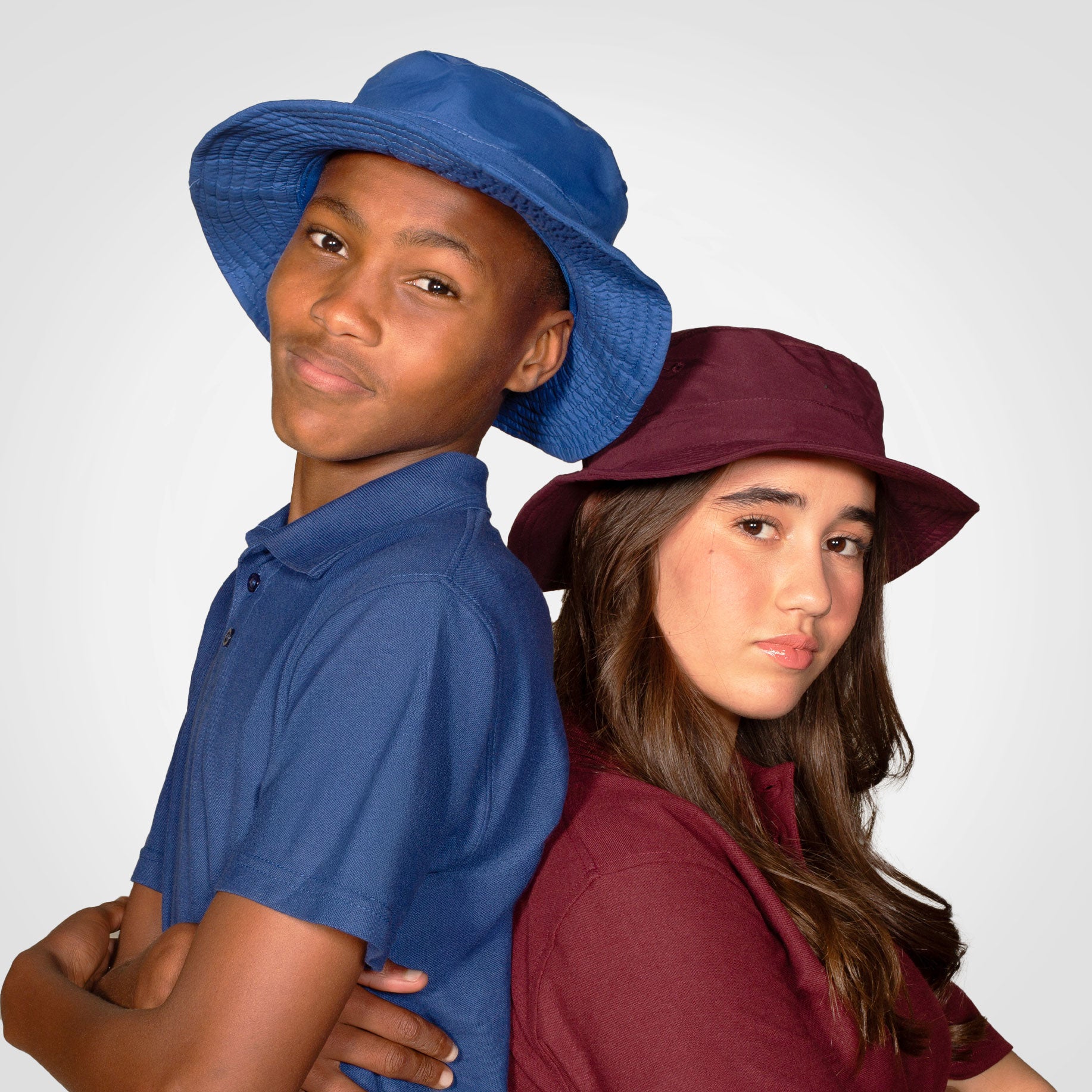 Kids venture hat set with blue and burgundy bucket styles, wide brim