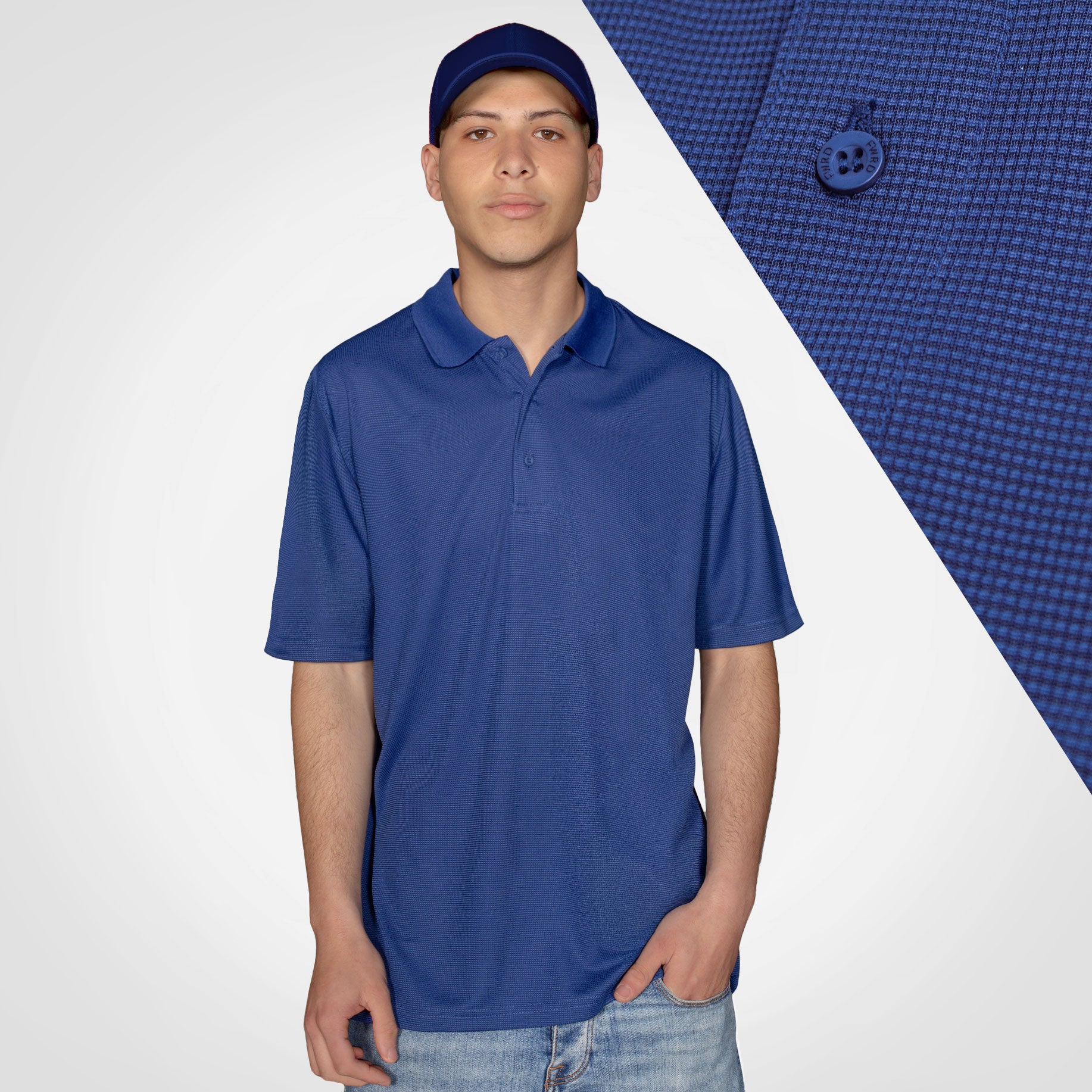 Men's golfer polo shirt in royal blue, short sleeves, buttoned polo collar
