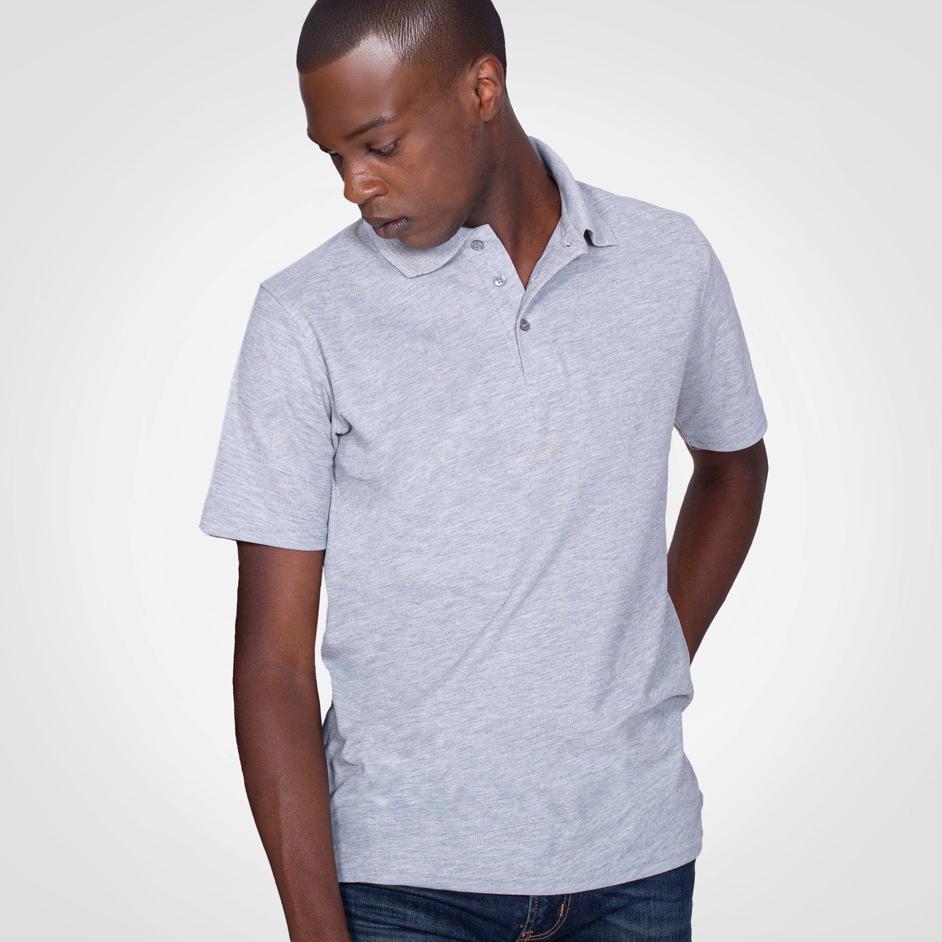 Grey melange polo shirt with button placket and short sleeves