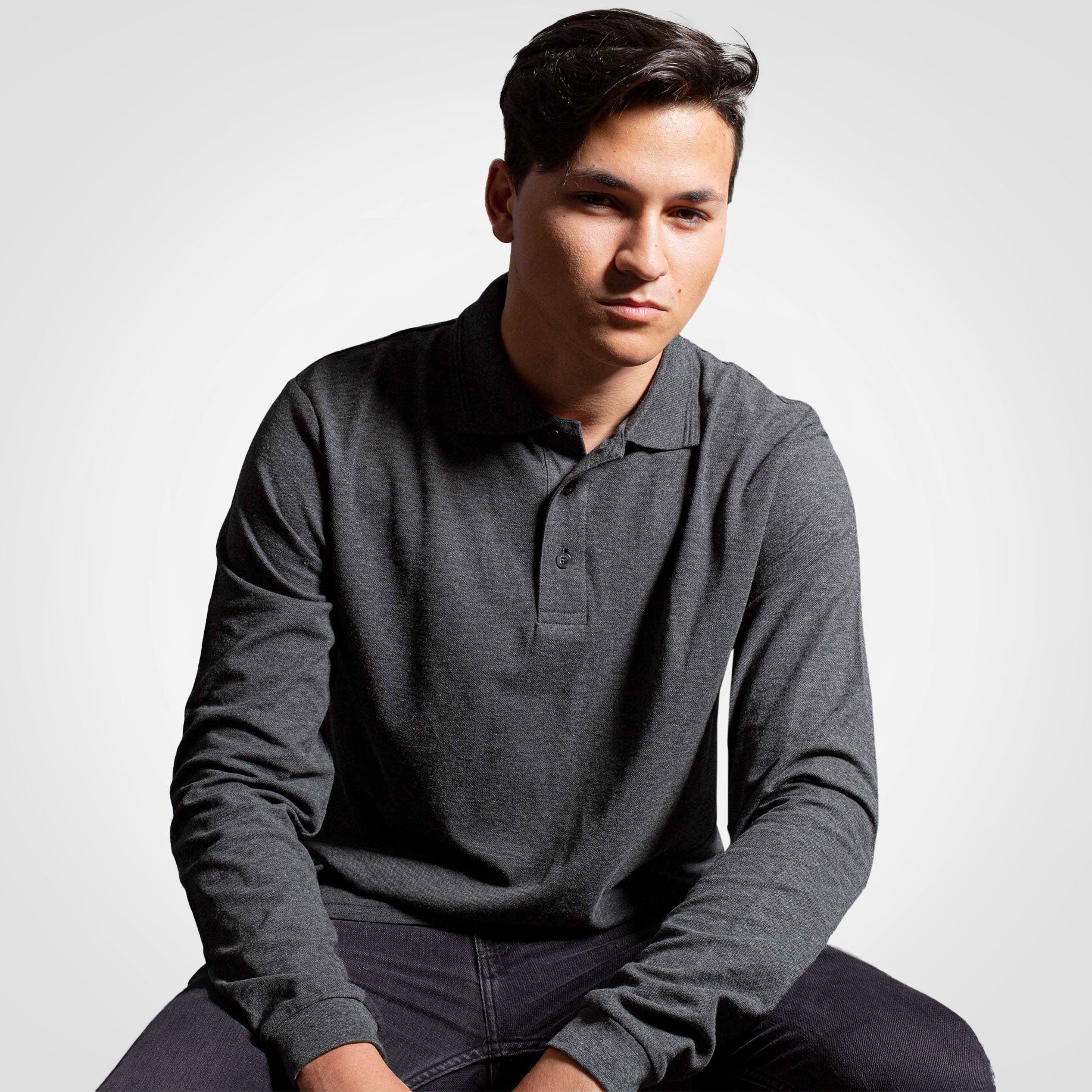 Long-sleeve golfer polo, dark grey, button-front placket with knit collar