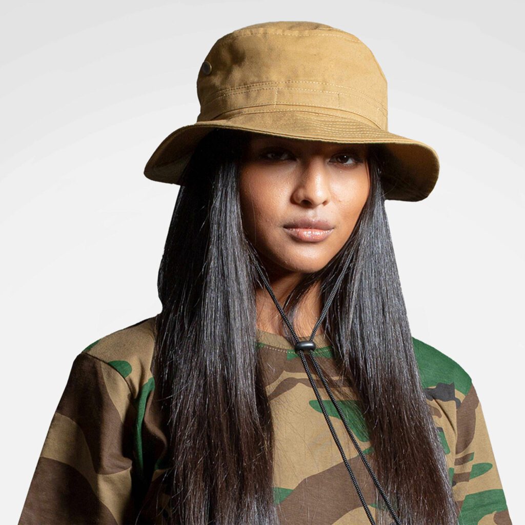 Stone Ranger hat with wide brim, eyelet details, and chin drawstring cords.