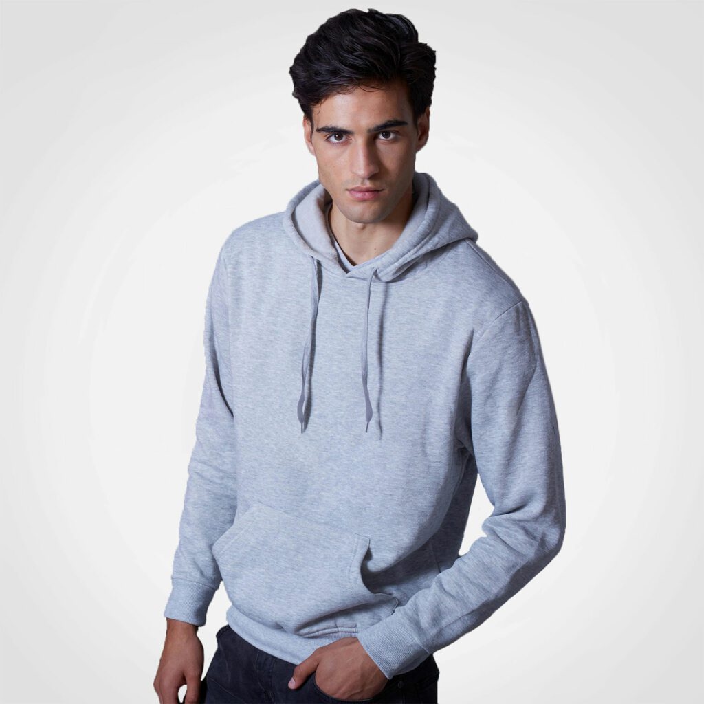 Light grey heather Boston hoodie with pullover hood and drawstring, front kangaroo pocket