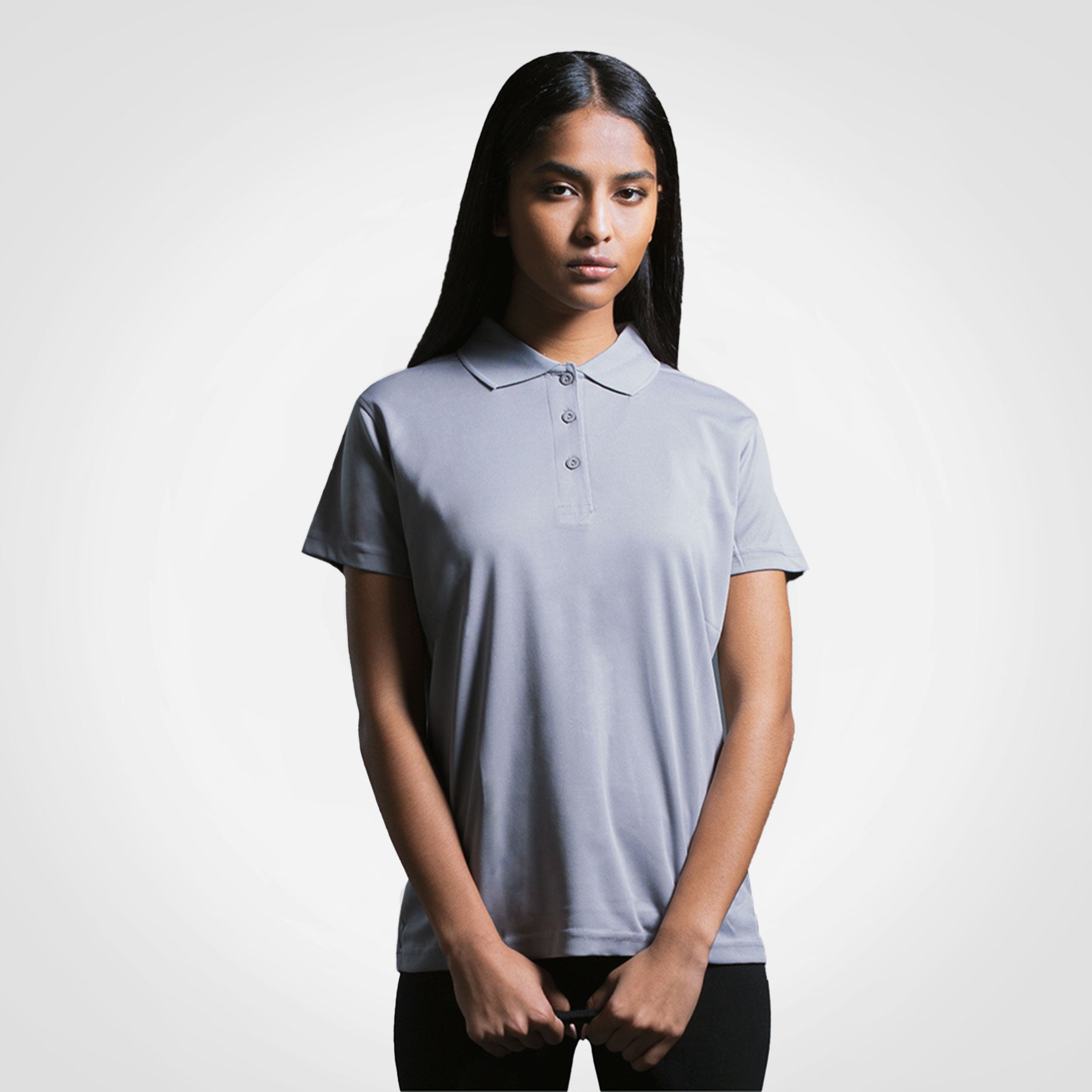 Ladies golf polo shirt with short sleeves, button placket and collar, light grey