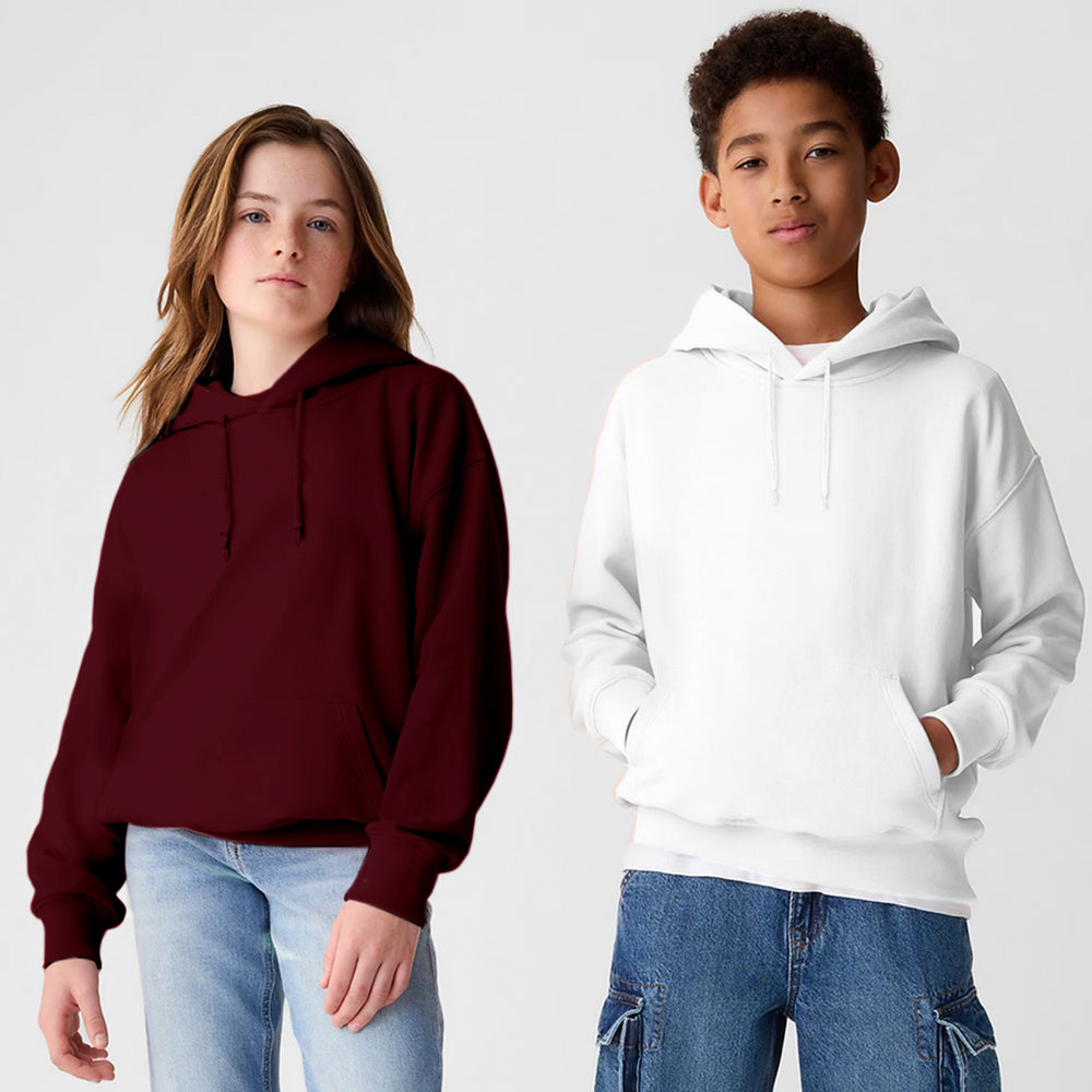 Burgundy kids pullover hoodie with front kangaroo pocket and hood drawstrings