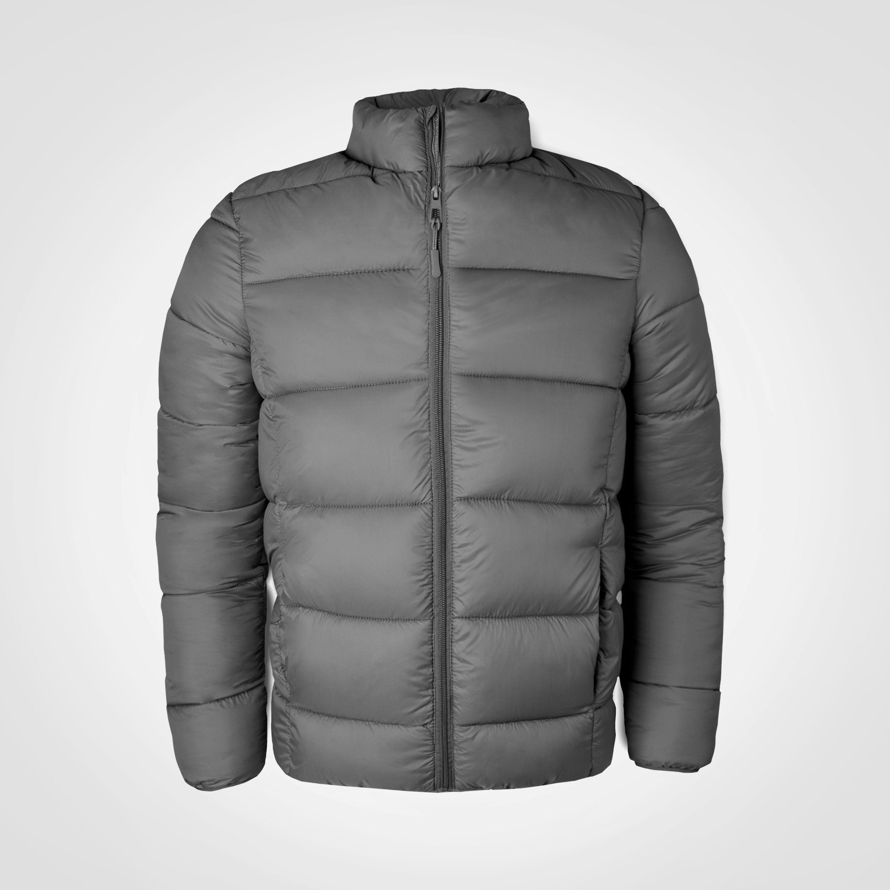 Grey puffer jacket with full-zip front and stand collar