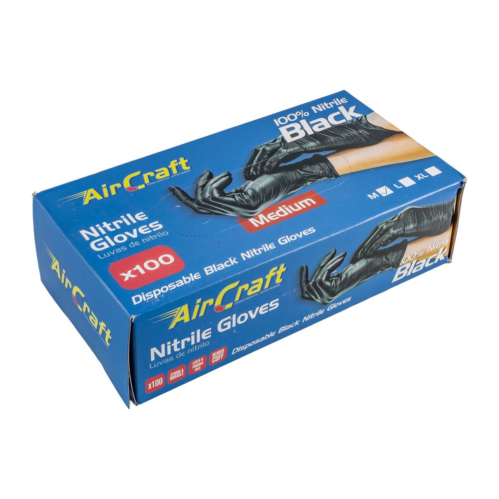 AirCraft medium black disposable nitrile gloves, 100-count box packaging