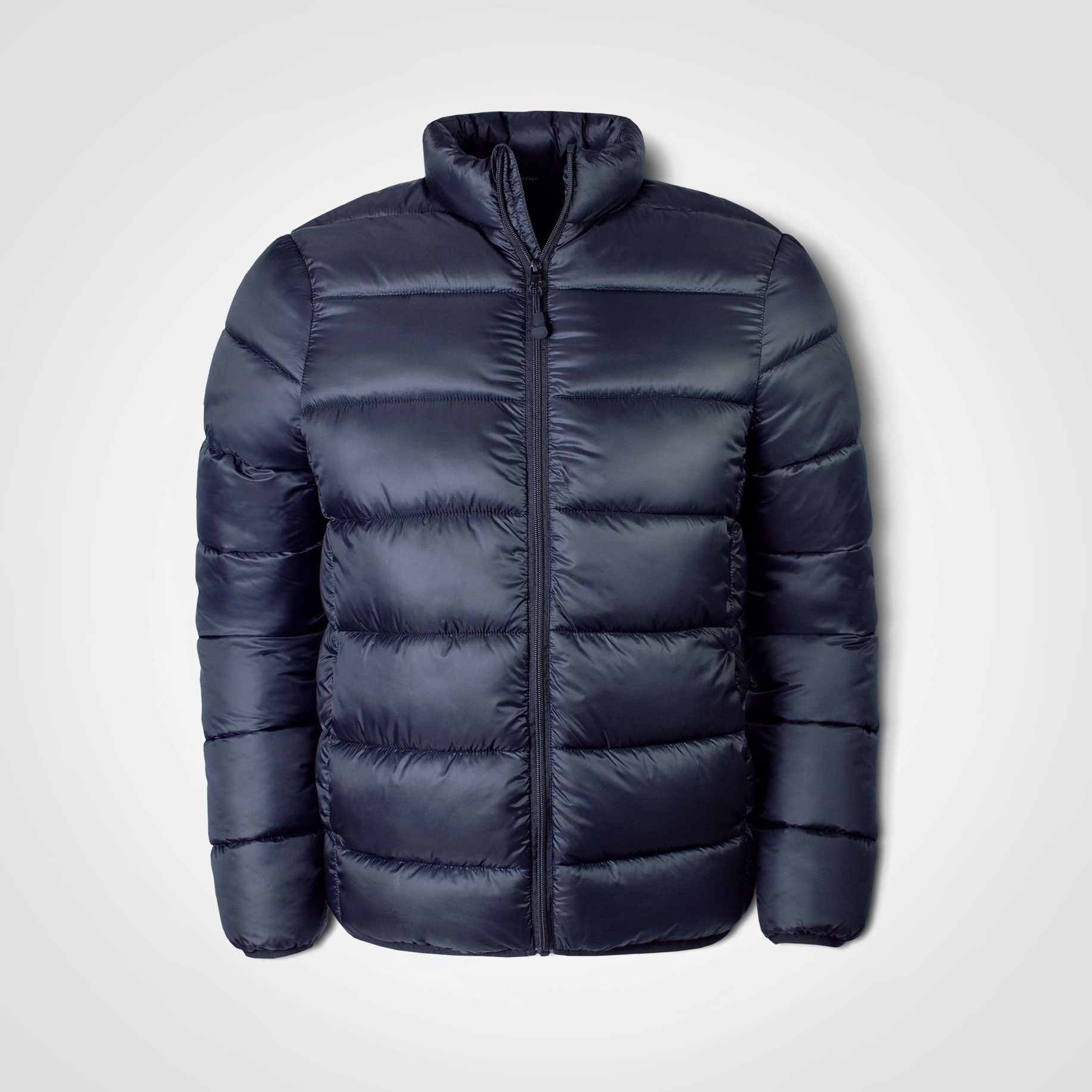 Navy puffer jacket with full-zip front and stand collar