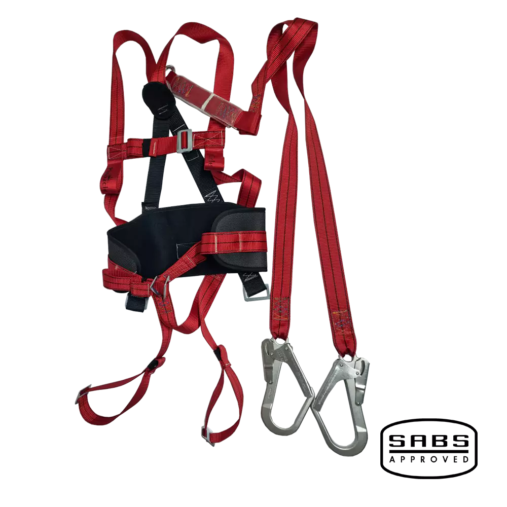 Full body safety harness with dual lanyards and scaffold hooks, black and red