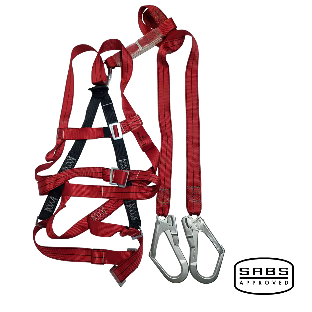 Red full-body harness with black padding and dual scaffold hooks