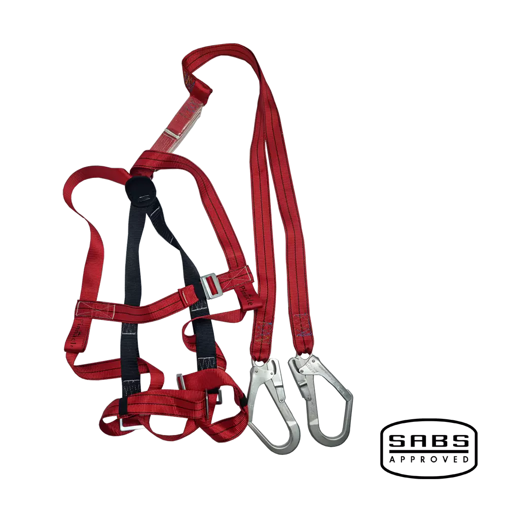 Red full body safety harness with black padding and two silver scaffolding hooks
