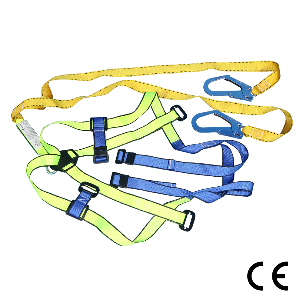 Full body safety harness with scaffold hooks, yellow and blue webbing, leg and chest straps