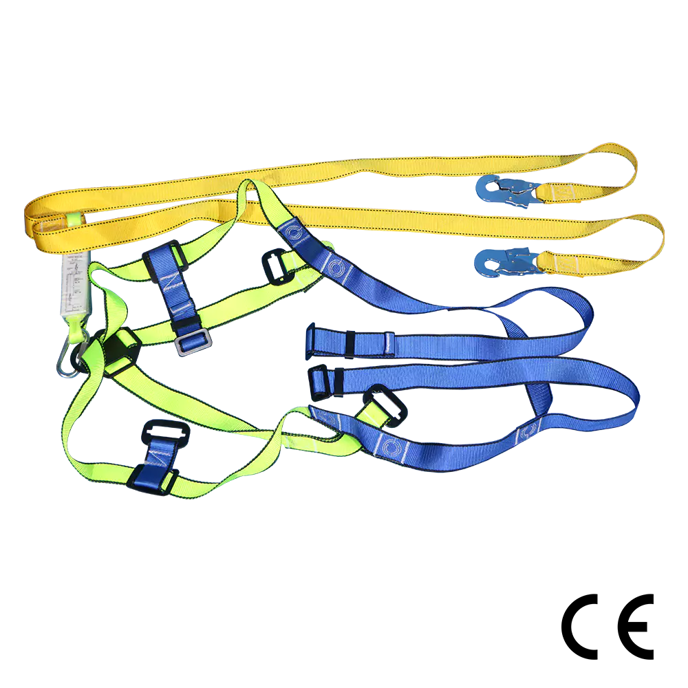 Full body fall-arrest harness with dual lanyard, yellow/blue straps, and snap hooks
