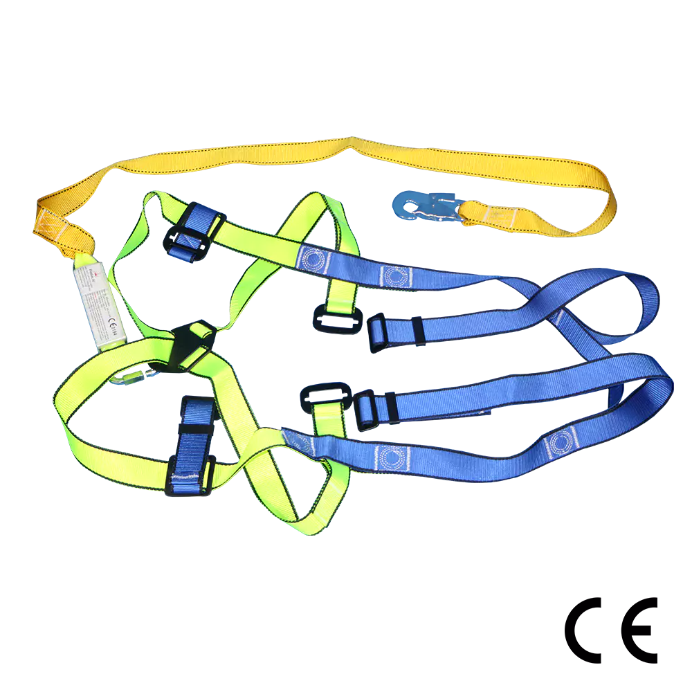 Full body safety harness with yellow lanyard and blue snap hook straps, one size