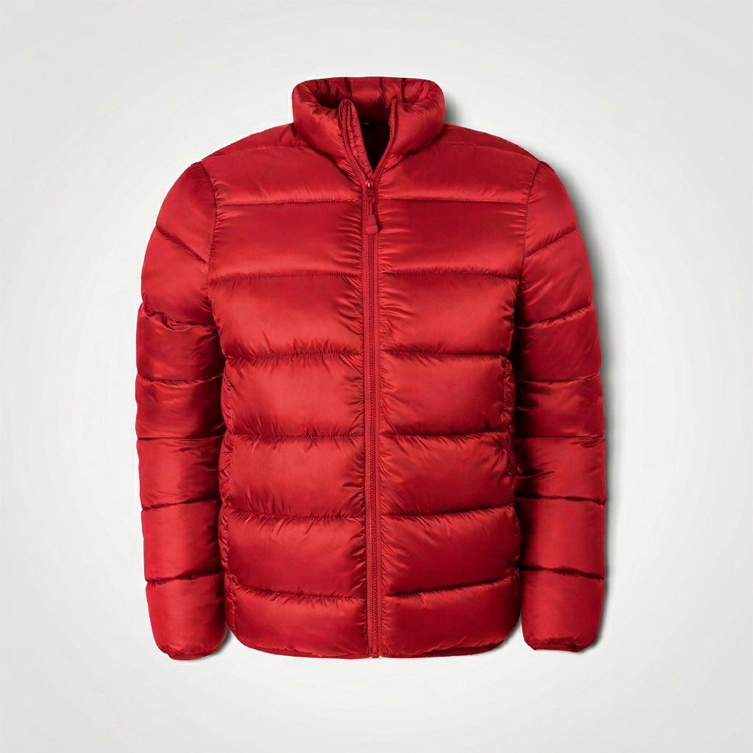 Red puffer jacket with full-zip front and stand collar