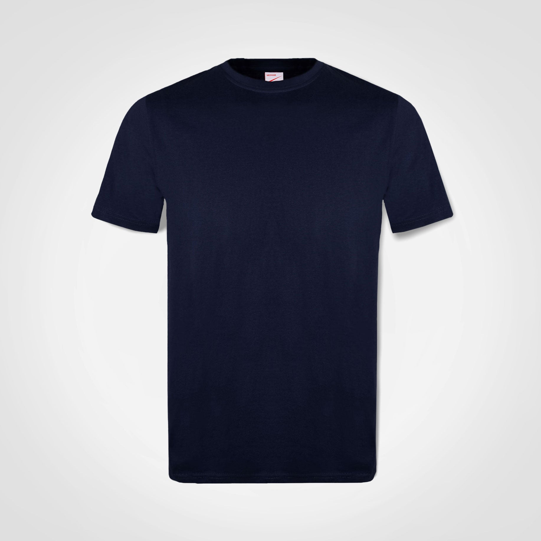 Navy crew-neck short-sleeve T-shirt, pullover style.