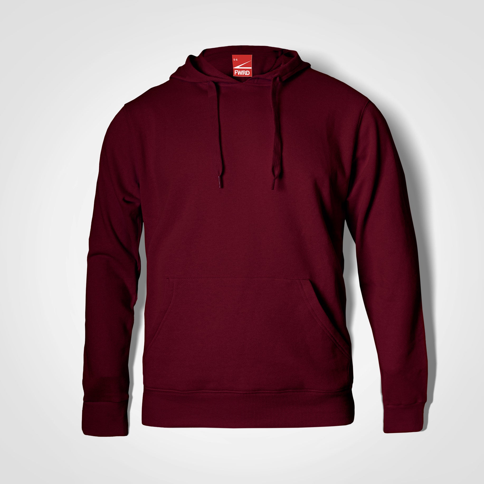 Burgundy kids pullover hoodie with front kangaroo pocket and hood drawstrings