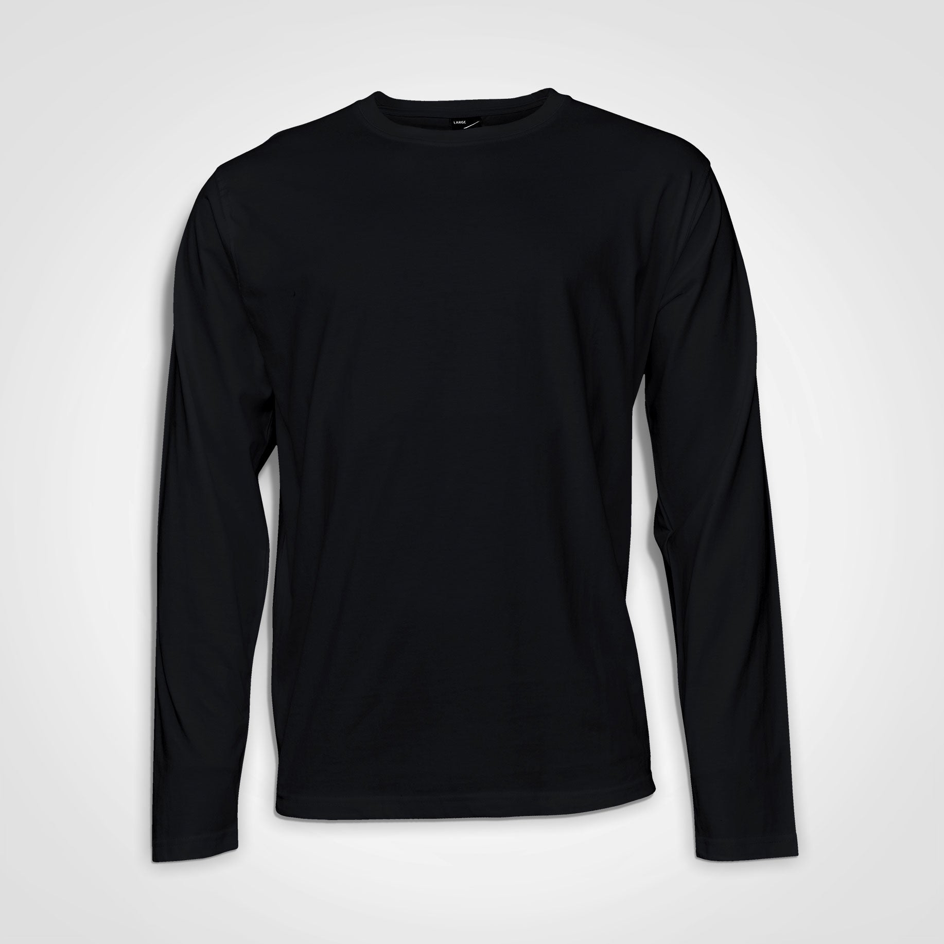 Black long-sleeve t-shirt with crew neck, plain front view
