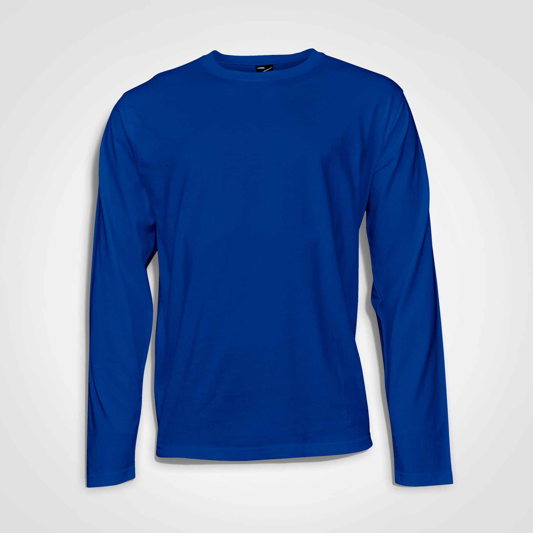 Royal blue long-sleeve t-shirt with crew neck, plain front