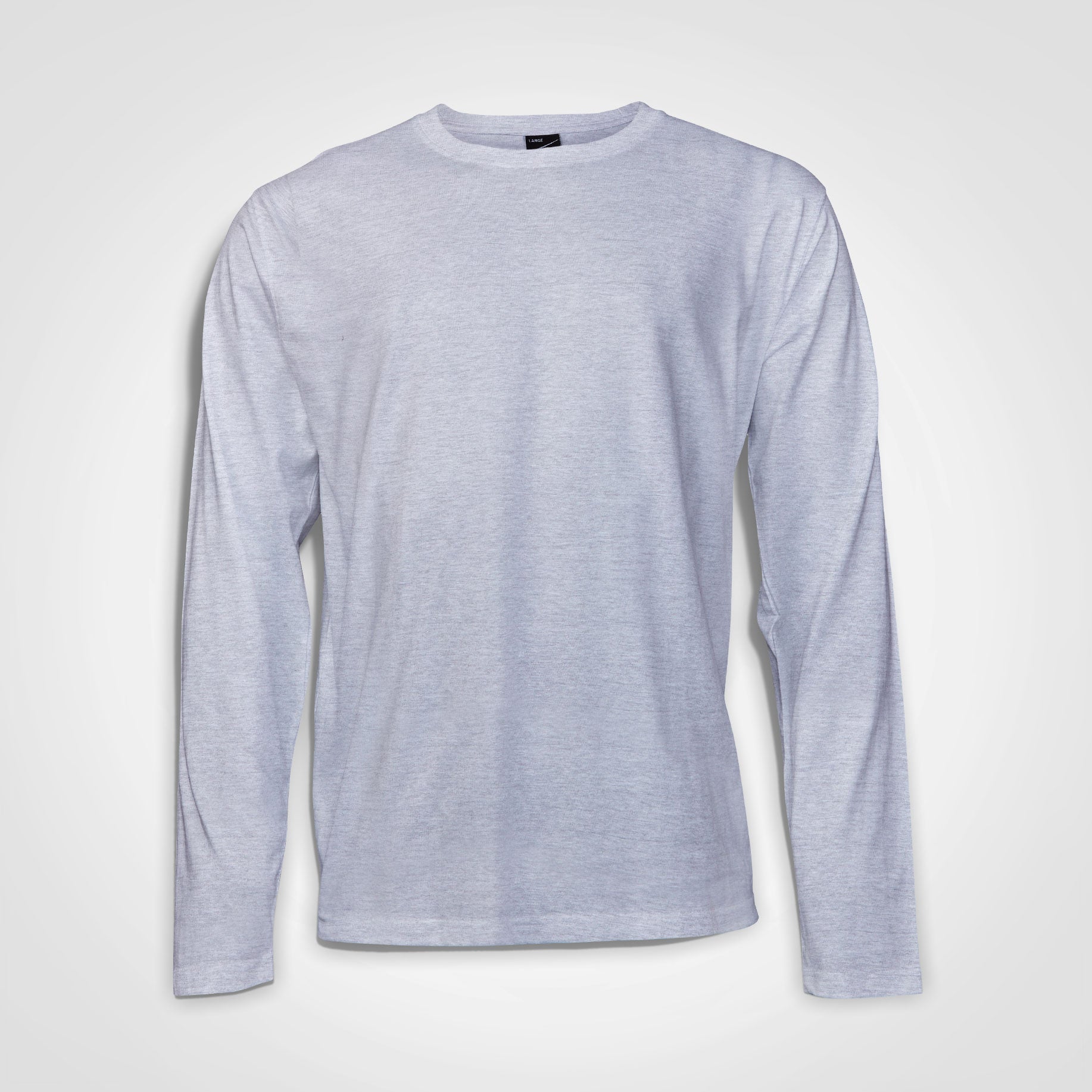 Light grey long-sleeve t-shirt with crew neck, plain front