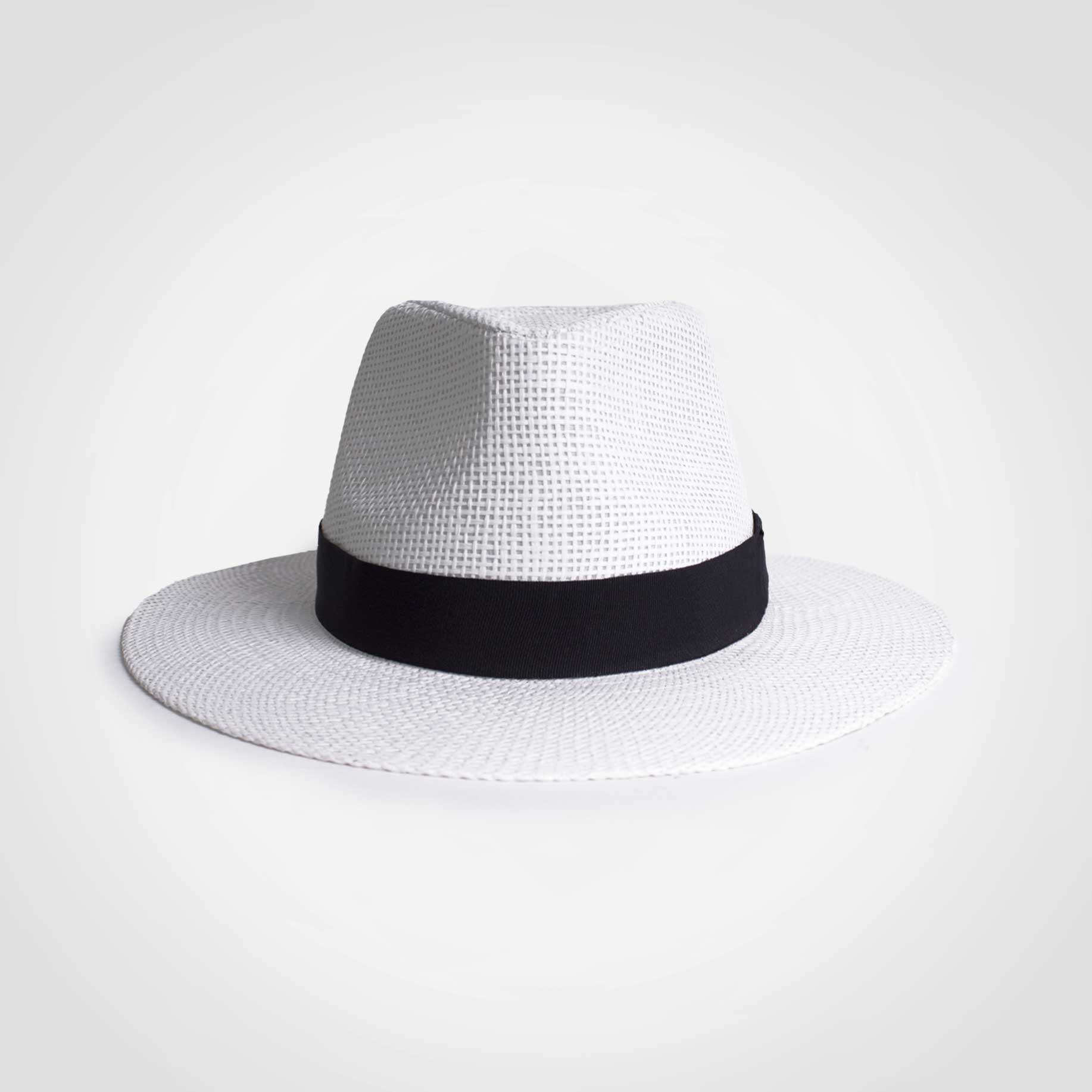 Panama hat, white woven straw with dark band and wide brim