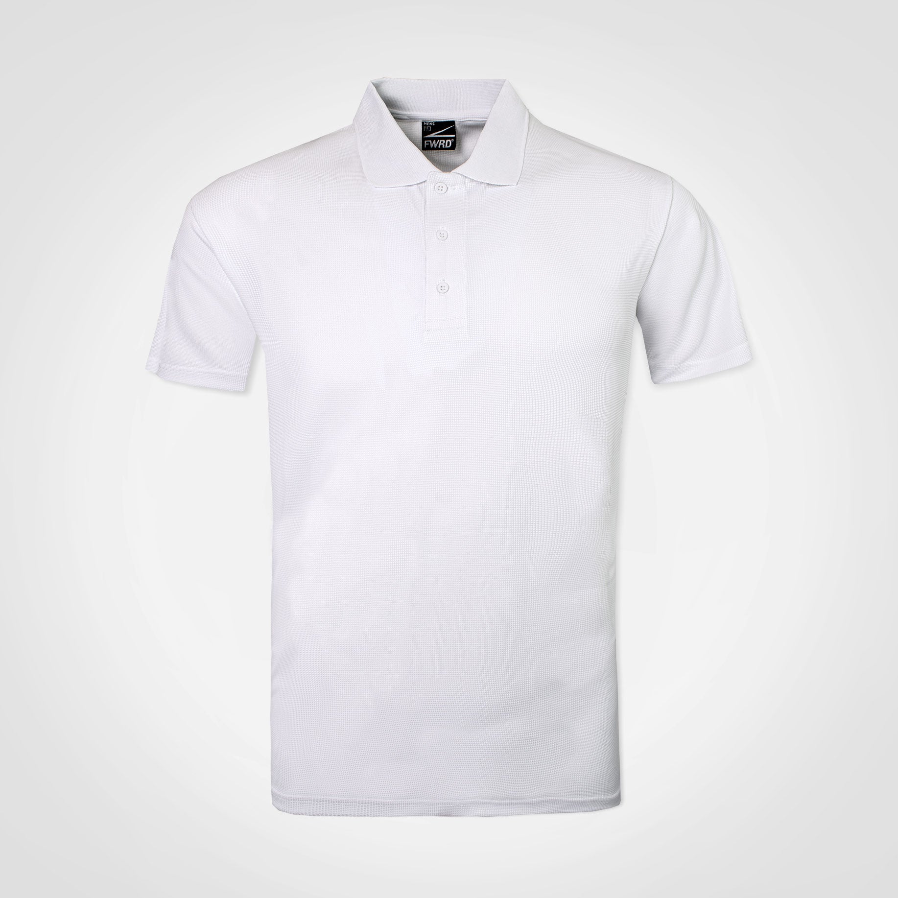 Men's golfer polo shirt in white, short sleeves, buttoned polo collar