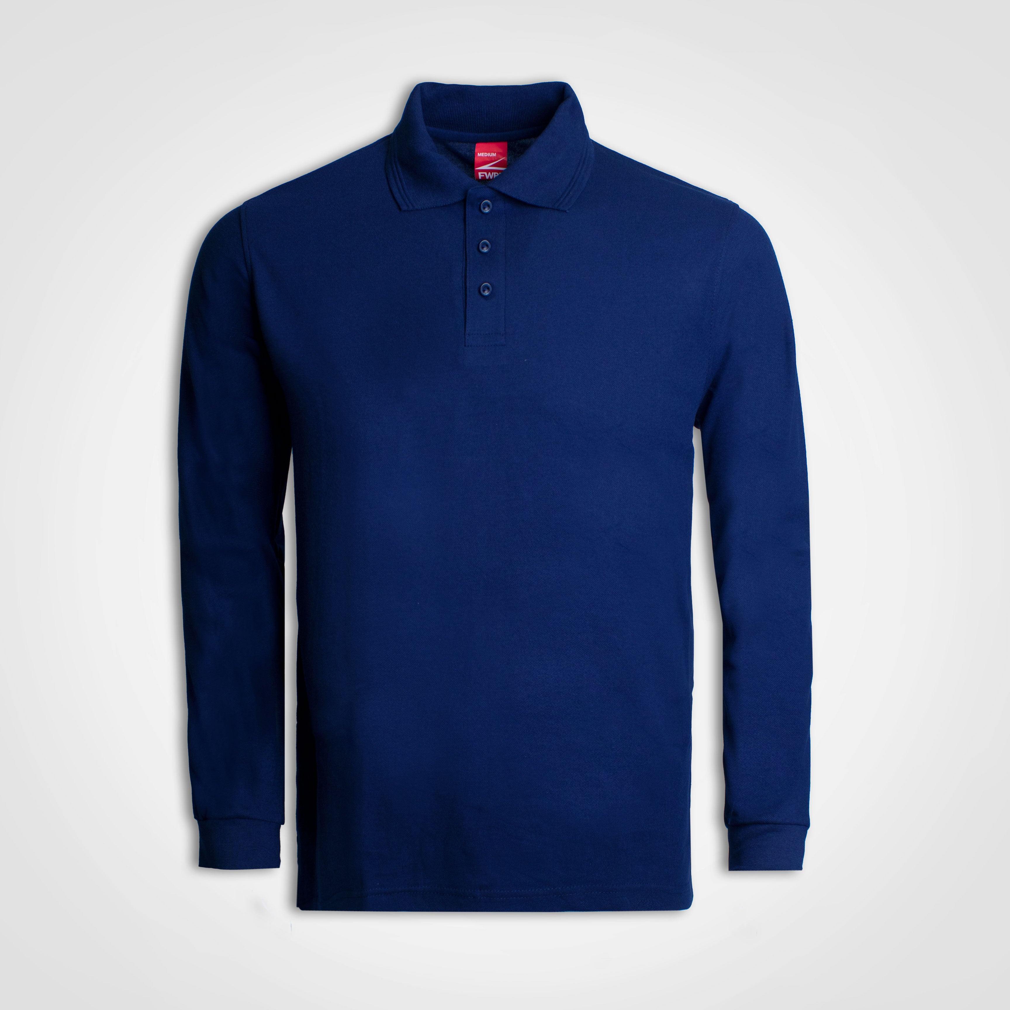 Long-sleeve golfer polo, navy blue, button-front placket with knit collar