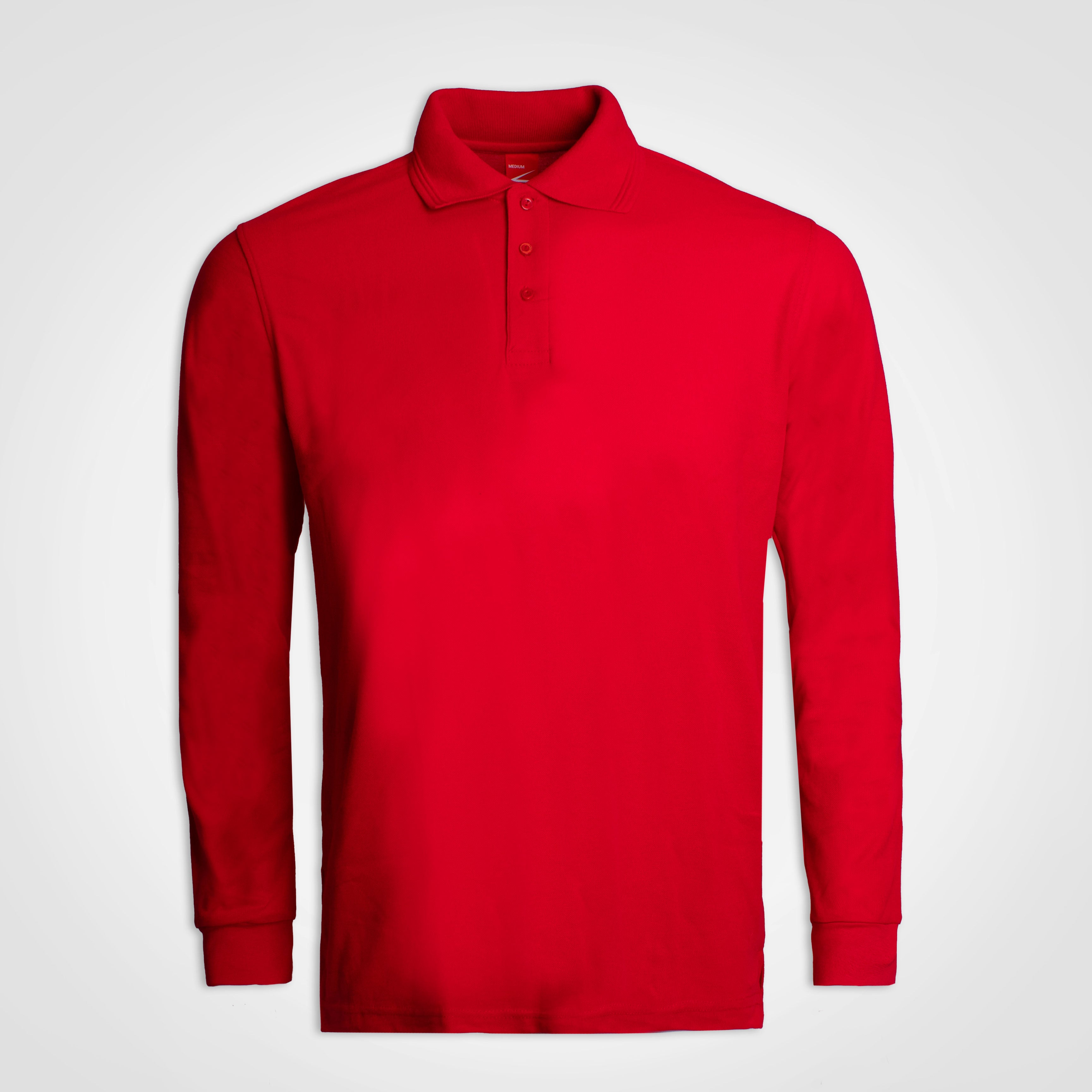 Long-sleeve golfer polo, red, button-front placket with knit collar