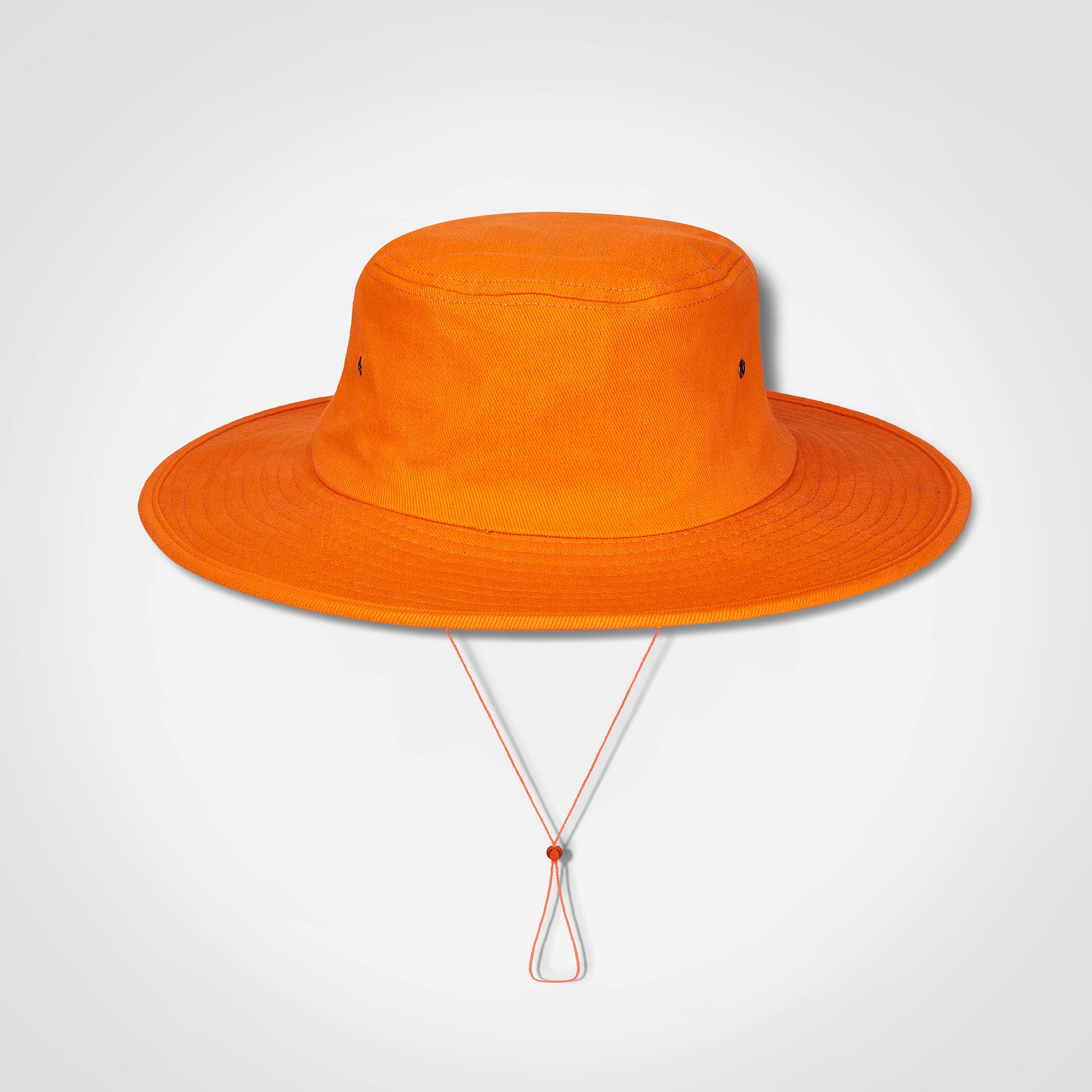 Cricket hat in orange with wide brim and chin tie cord