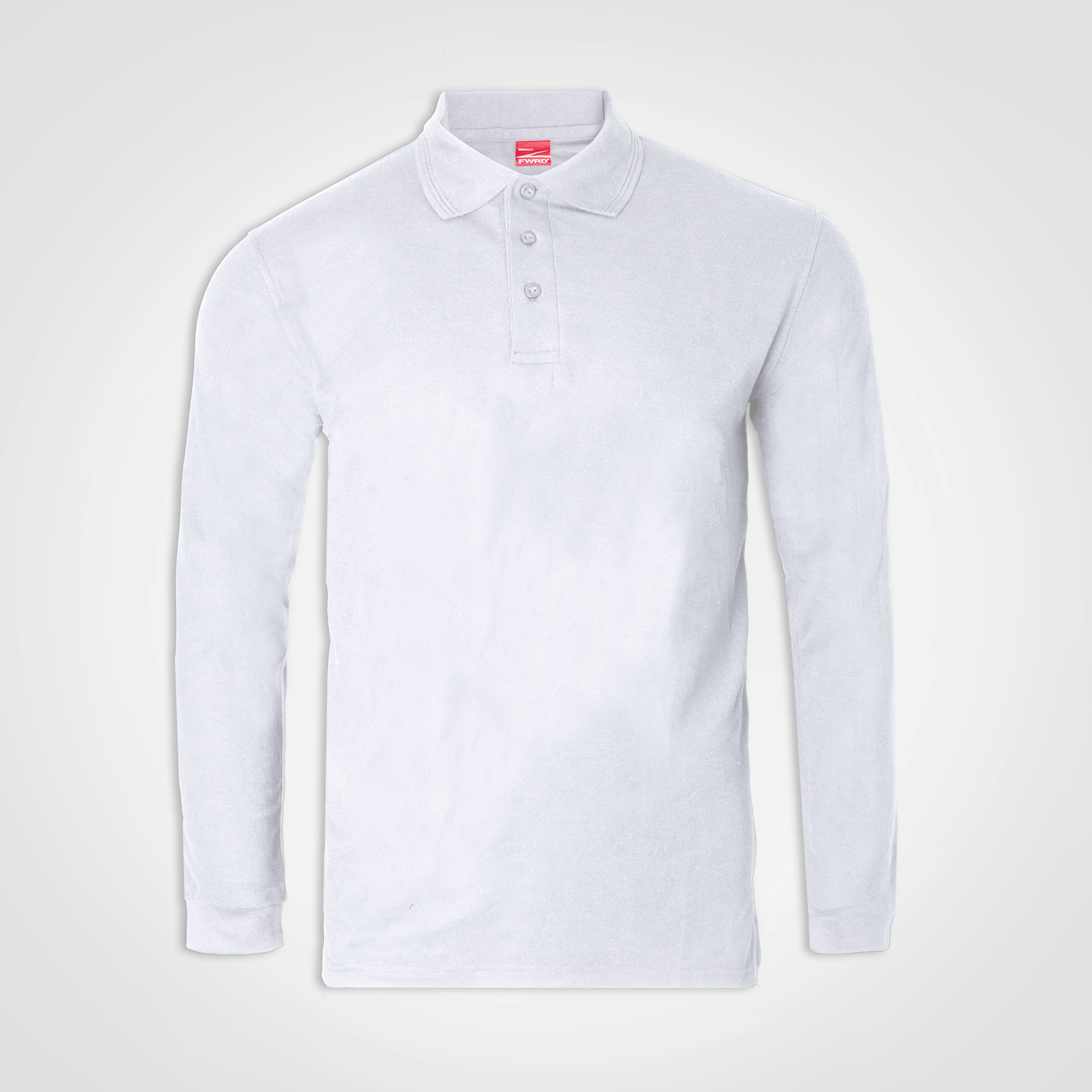 Long-sleeve golfer polo, white, button-front placket with knit collar