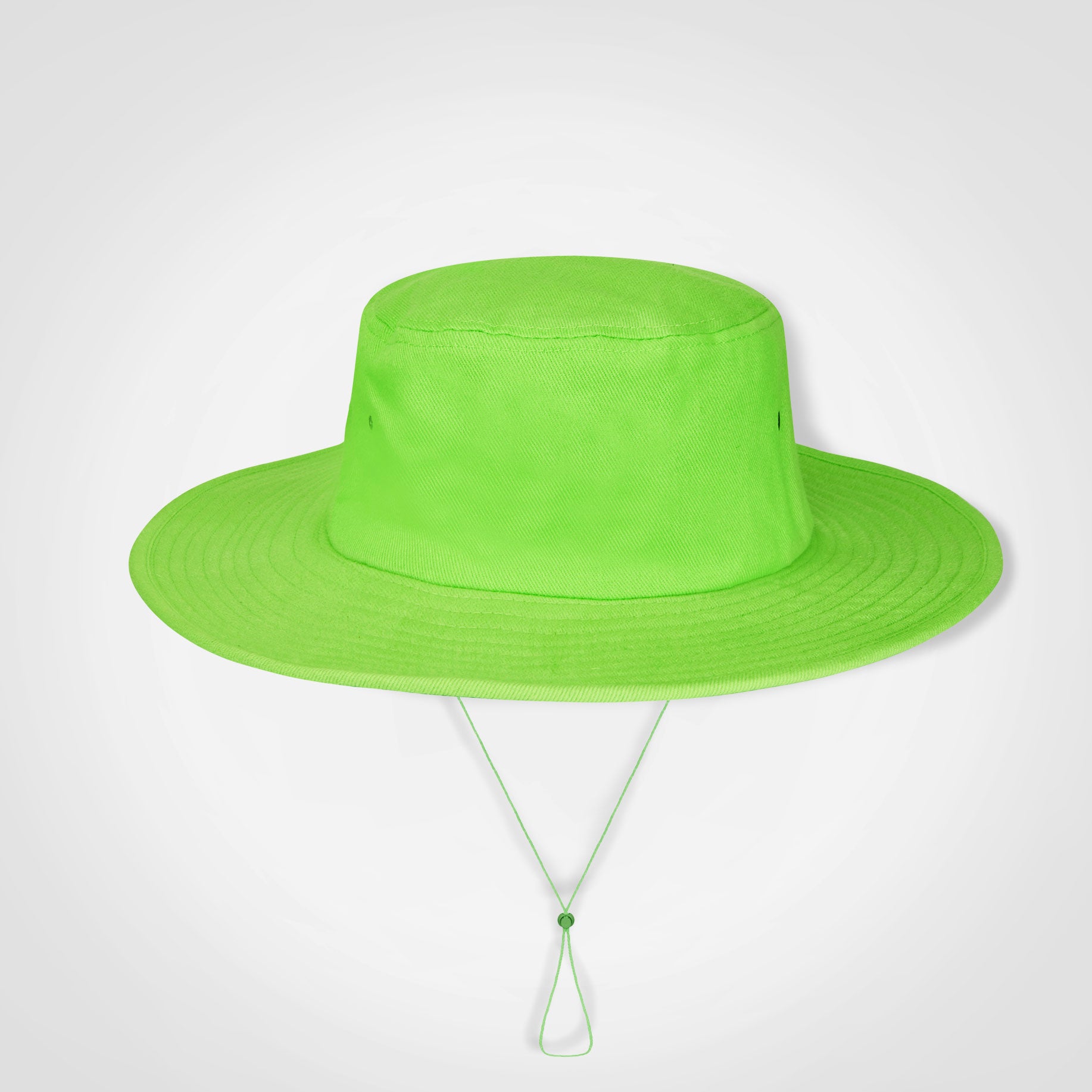 Cricket hat in bright lime green with wide brim and chin tie cord