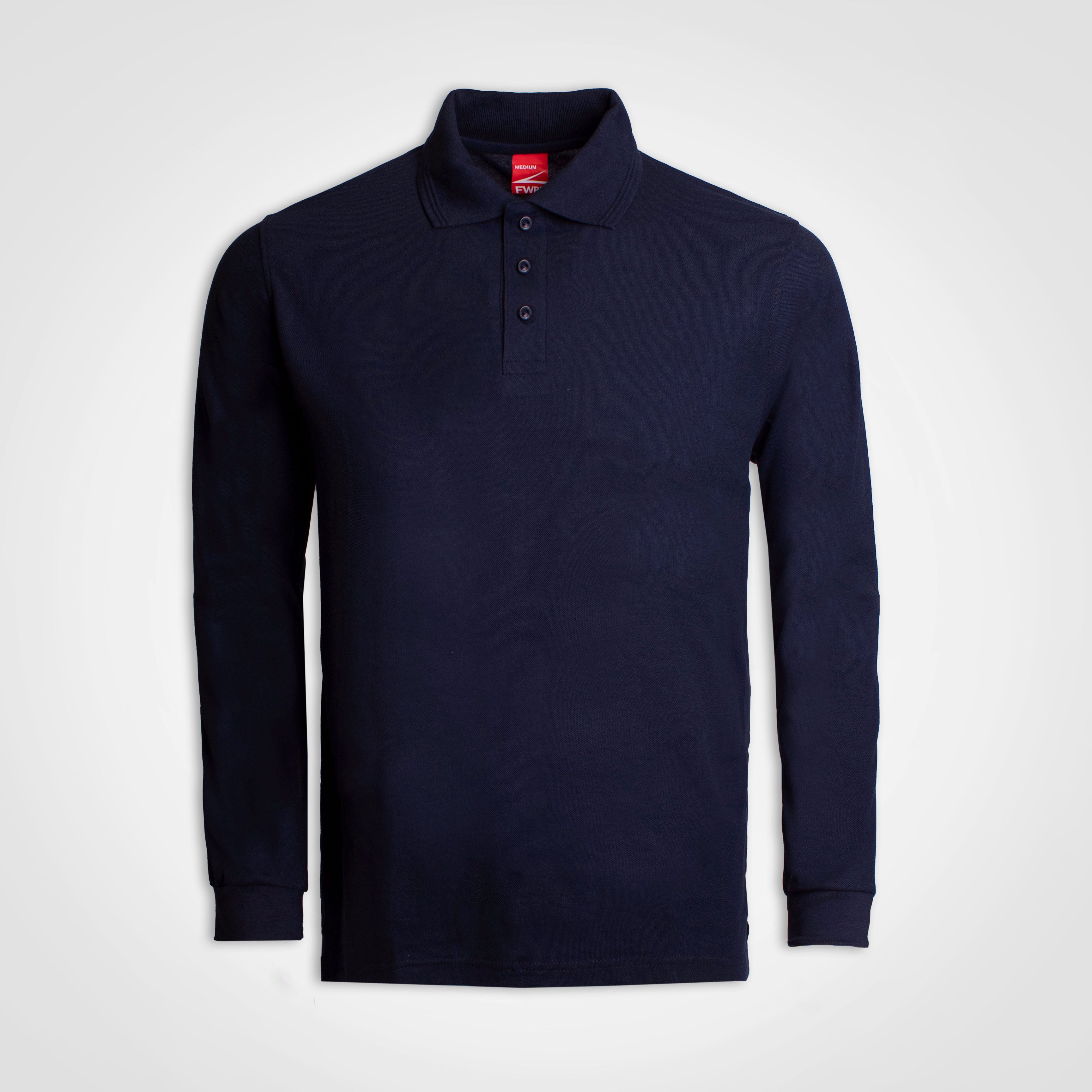 Long-sleeve golfer polo, dark navy, button-front placket with knit collar