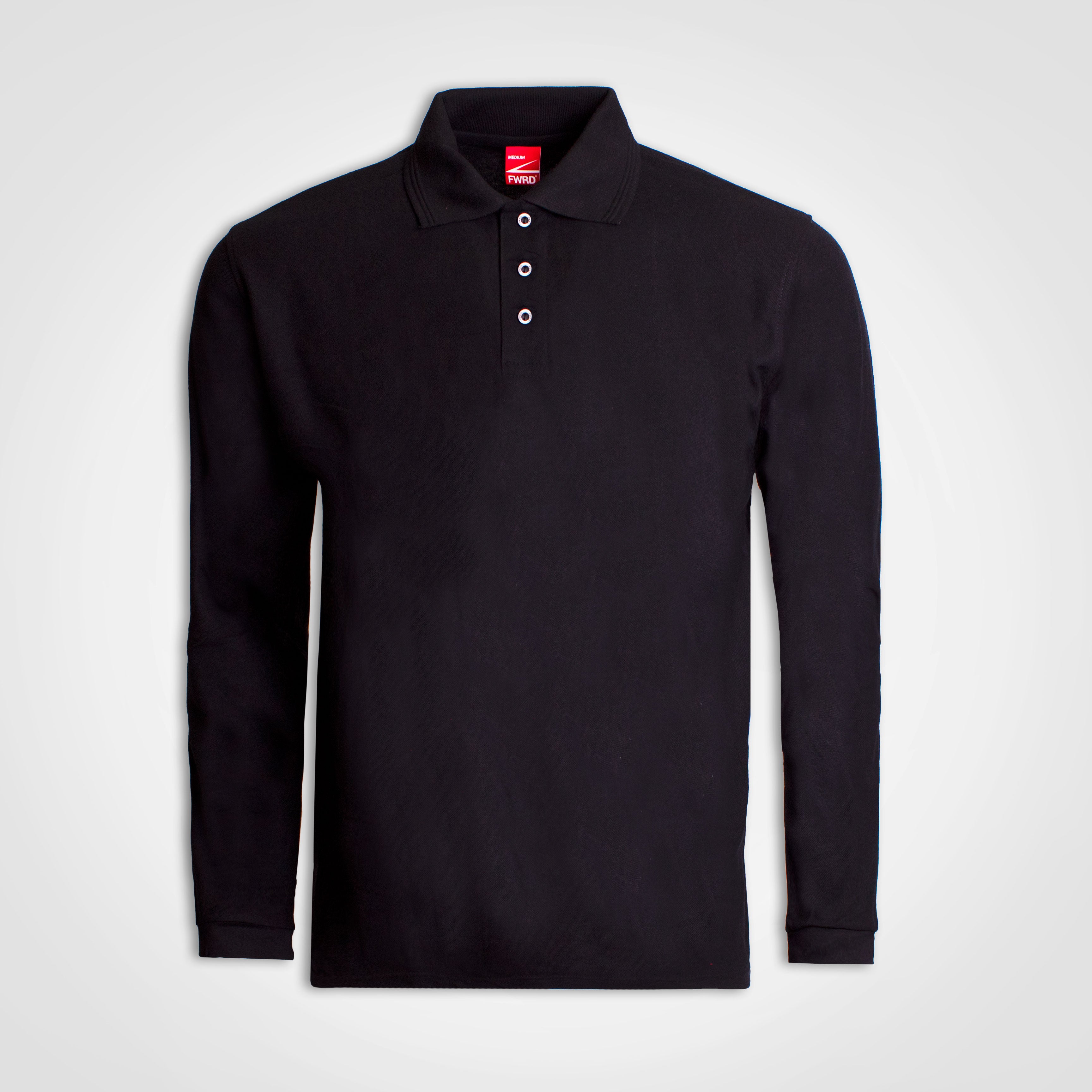 Long-sleeve golfer polo, black, button-front placket with knit collar