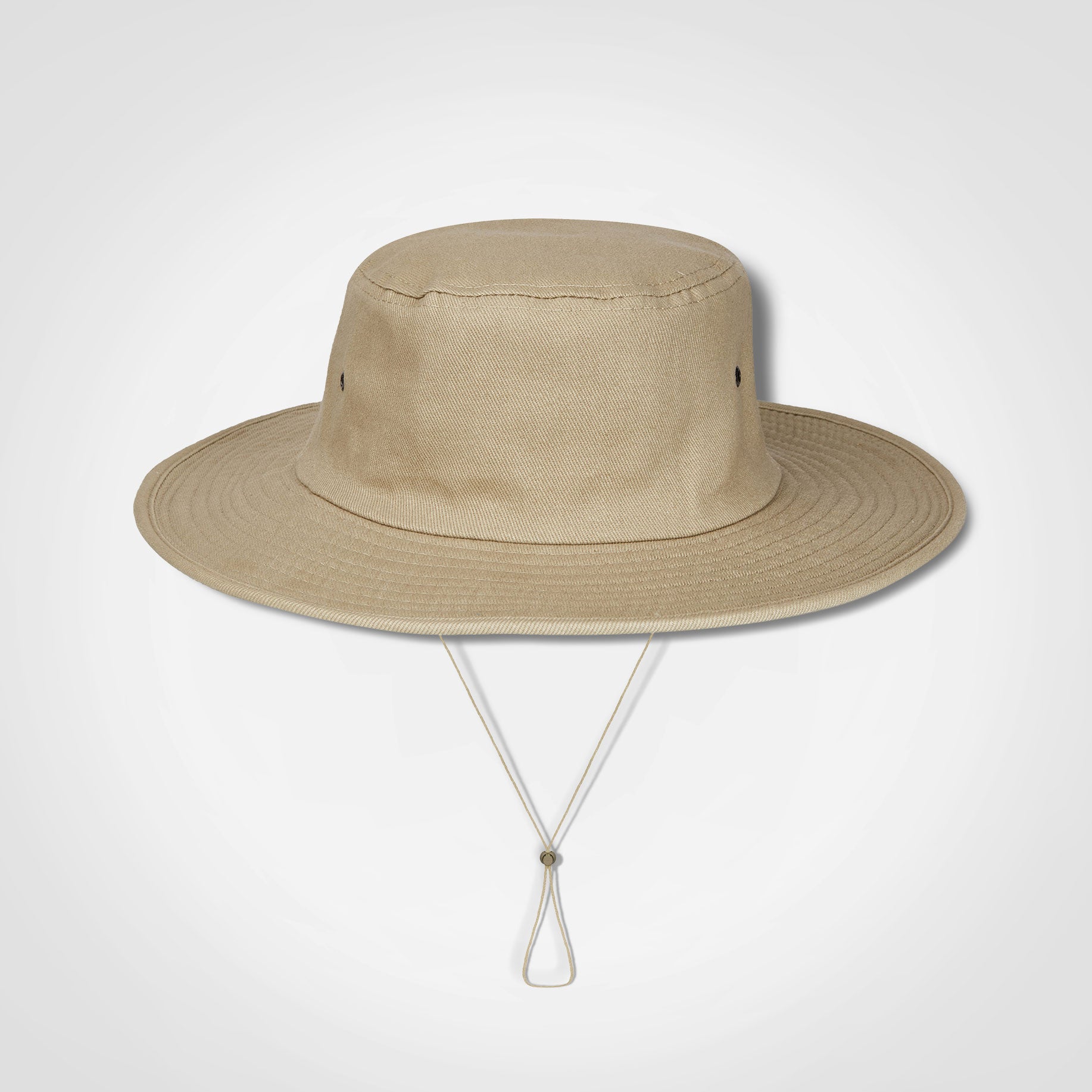 Cricket hat in tan with wide brim and chin tie cord