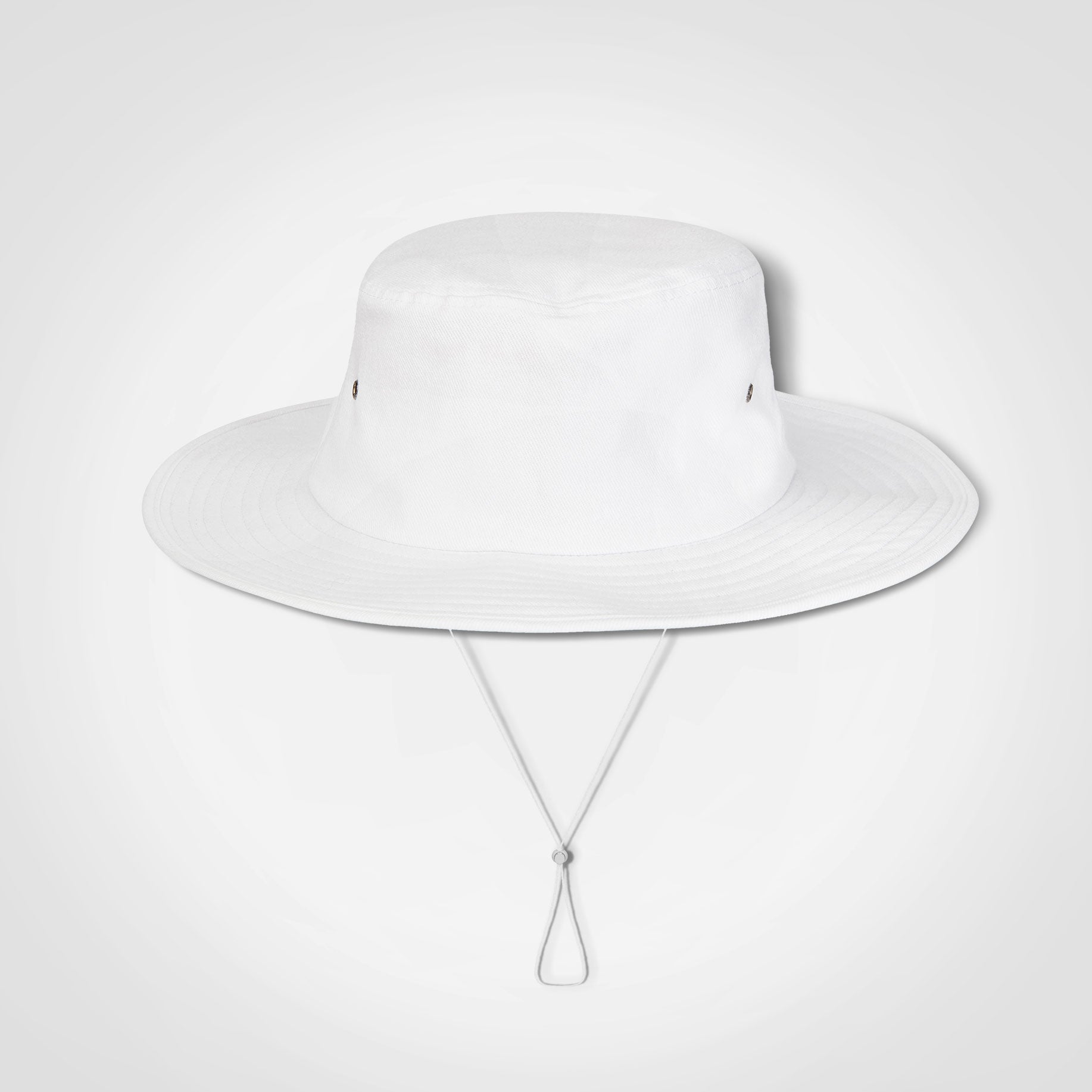 FWRD cricket hat in white with wide brim and chin drawcord