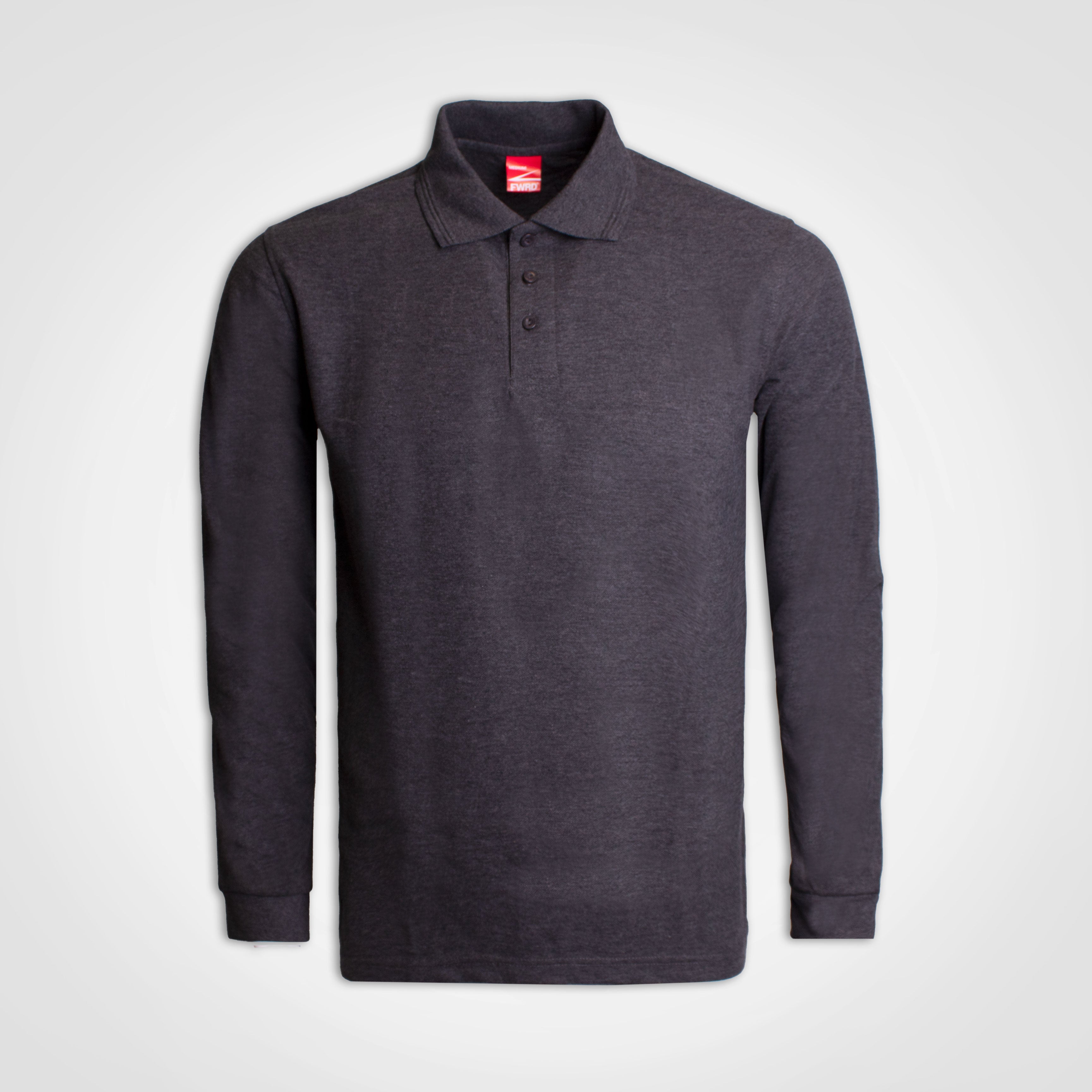 Long-sleeve golfer polo, heather grey, button-front placket with knit collar