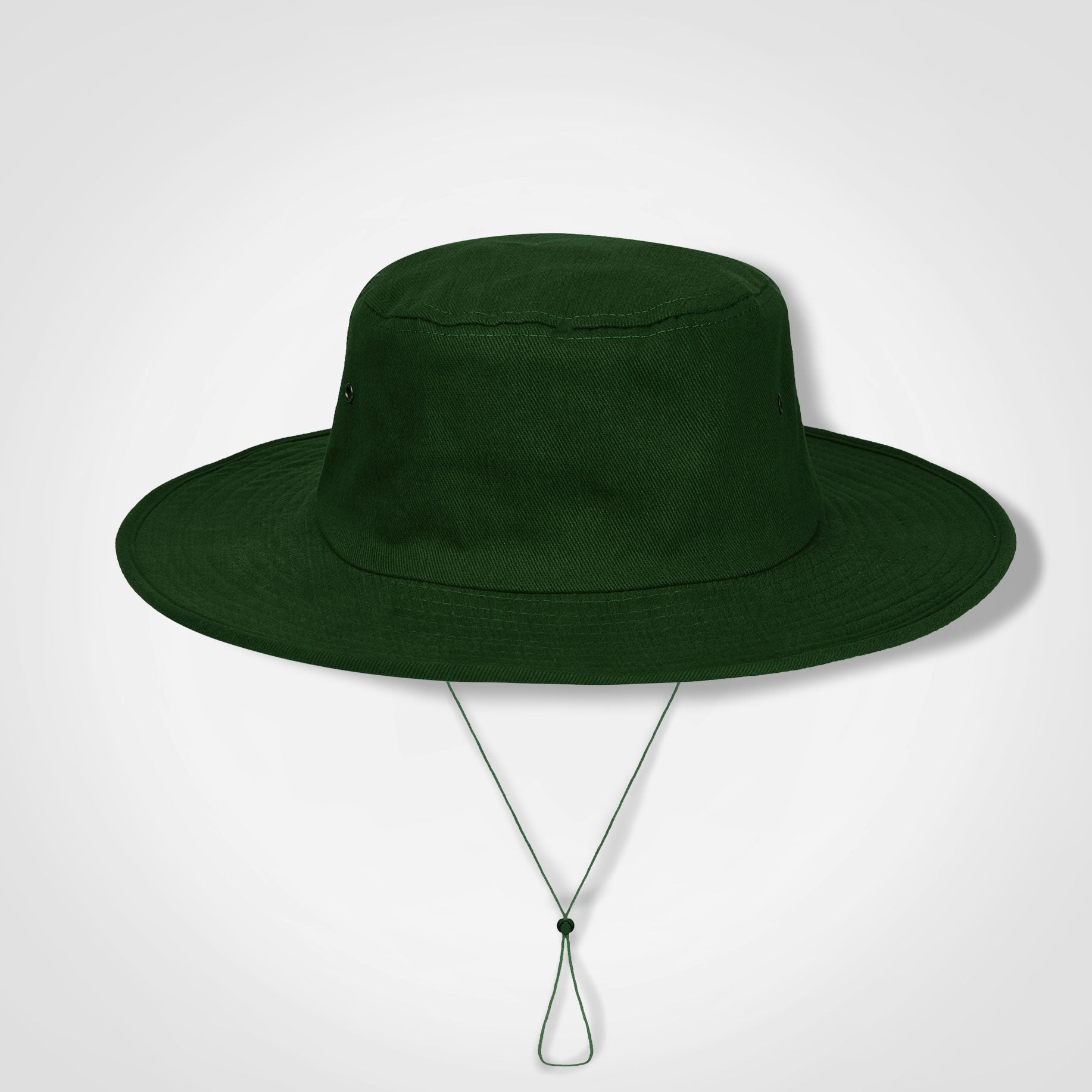 Cricket hat in deep green with wide brim and chin tie cord