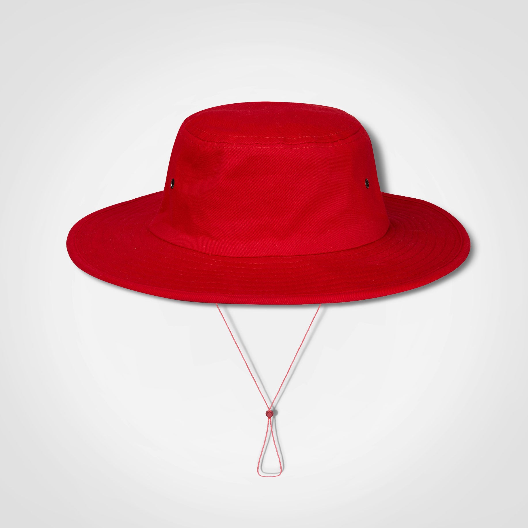 Cricket hat in red with wide brim and chin tie cord