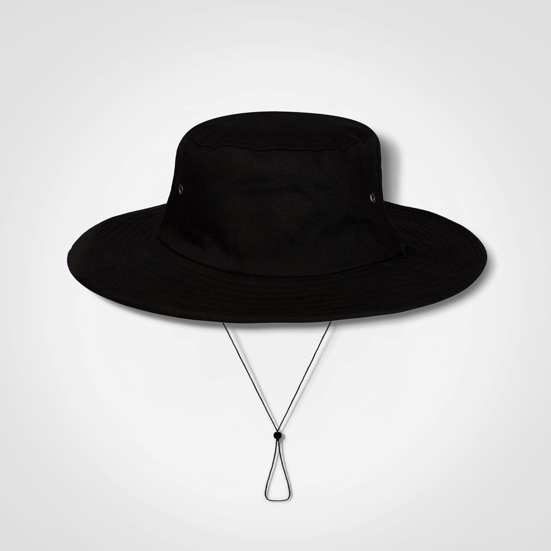 Cricket hat in black with wide brim and chin tie cord
