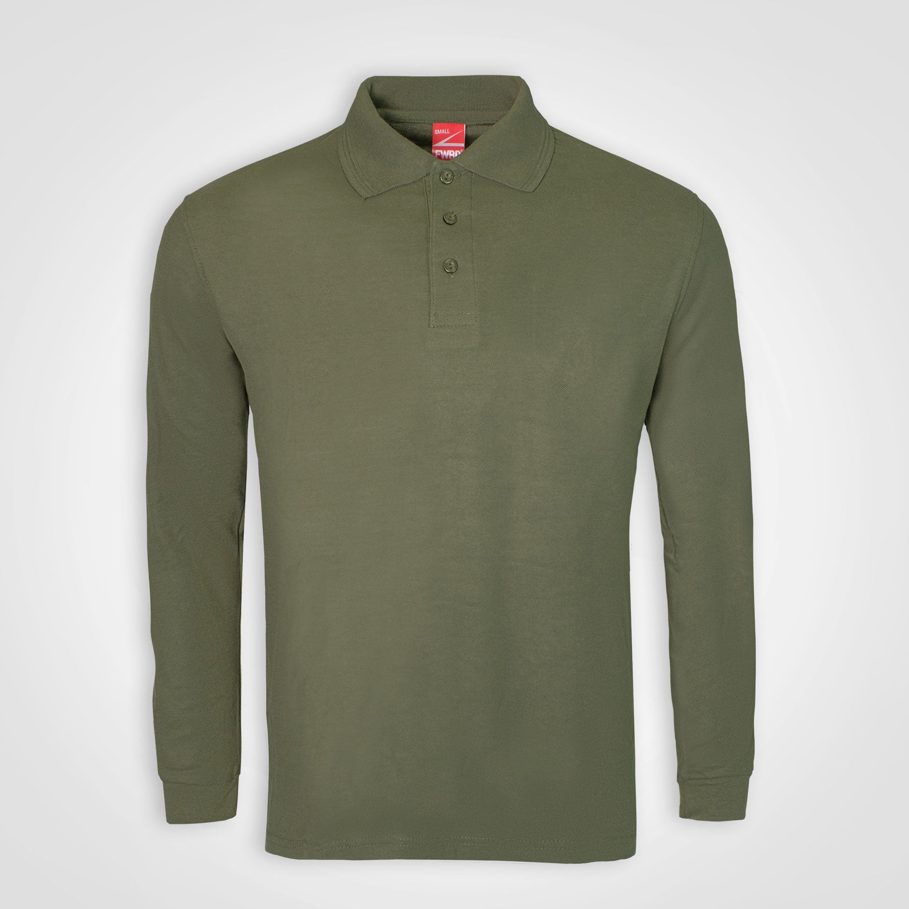 Long-sleeve golfer polo, olive green, button-front placket with knit collar