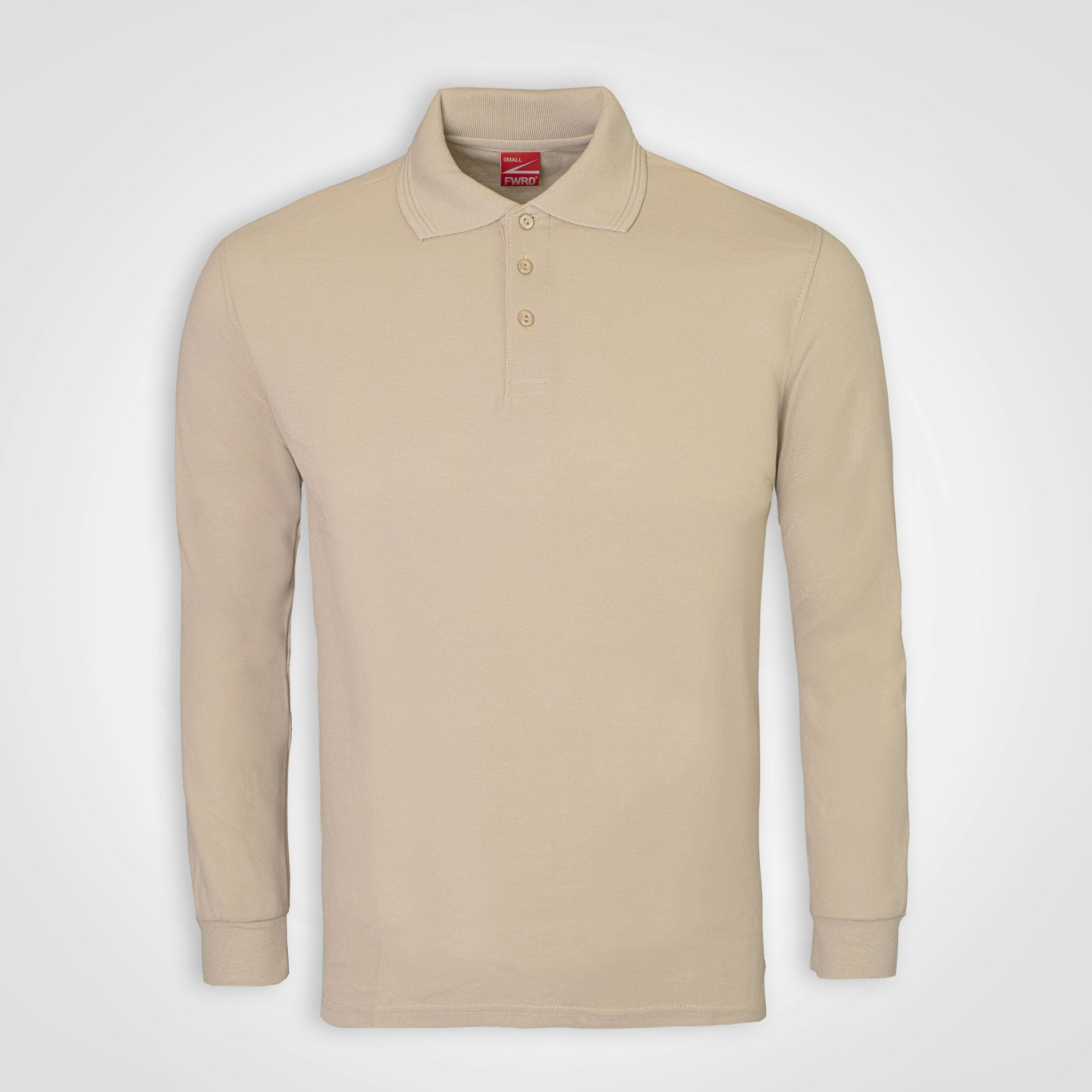 Long-sleeve golfer polo, stone beige, button-front placket with knit collar