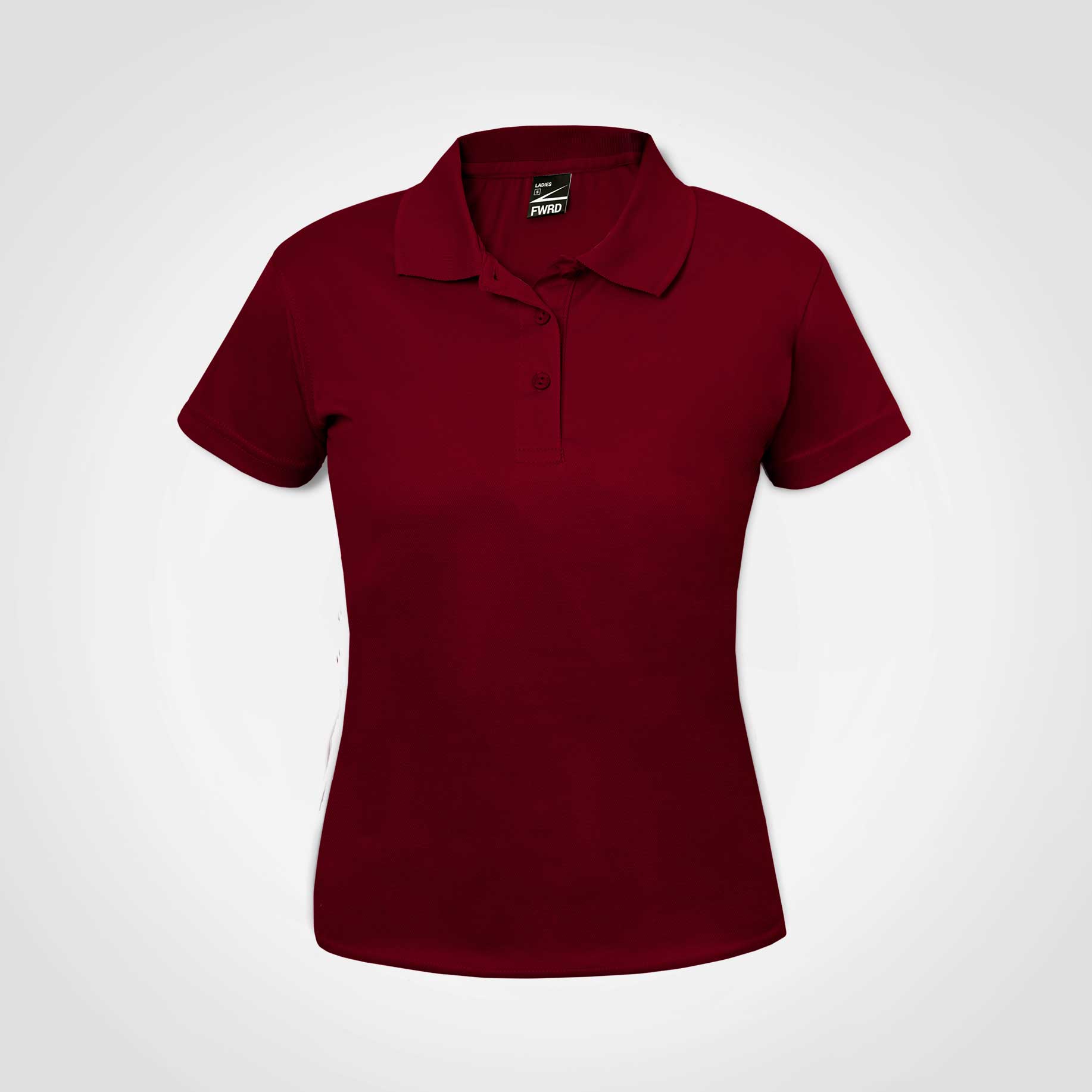 Ladies golf polo shirt with short sleeves, button placket and collar, burgundy